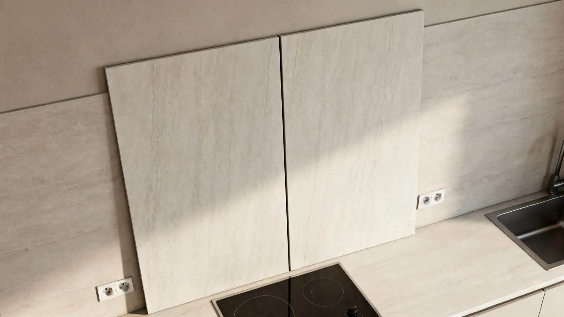 Top-down plan showing aligned veining and minimal seams for large porcelain slab backsplash.