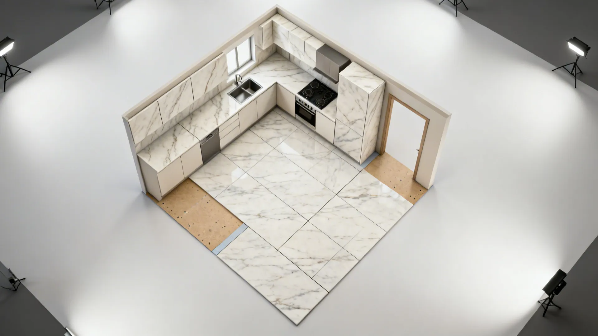 Top-down plan-style view showing porcelain slab layout with minimal seams.