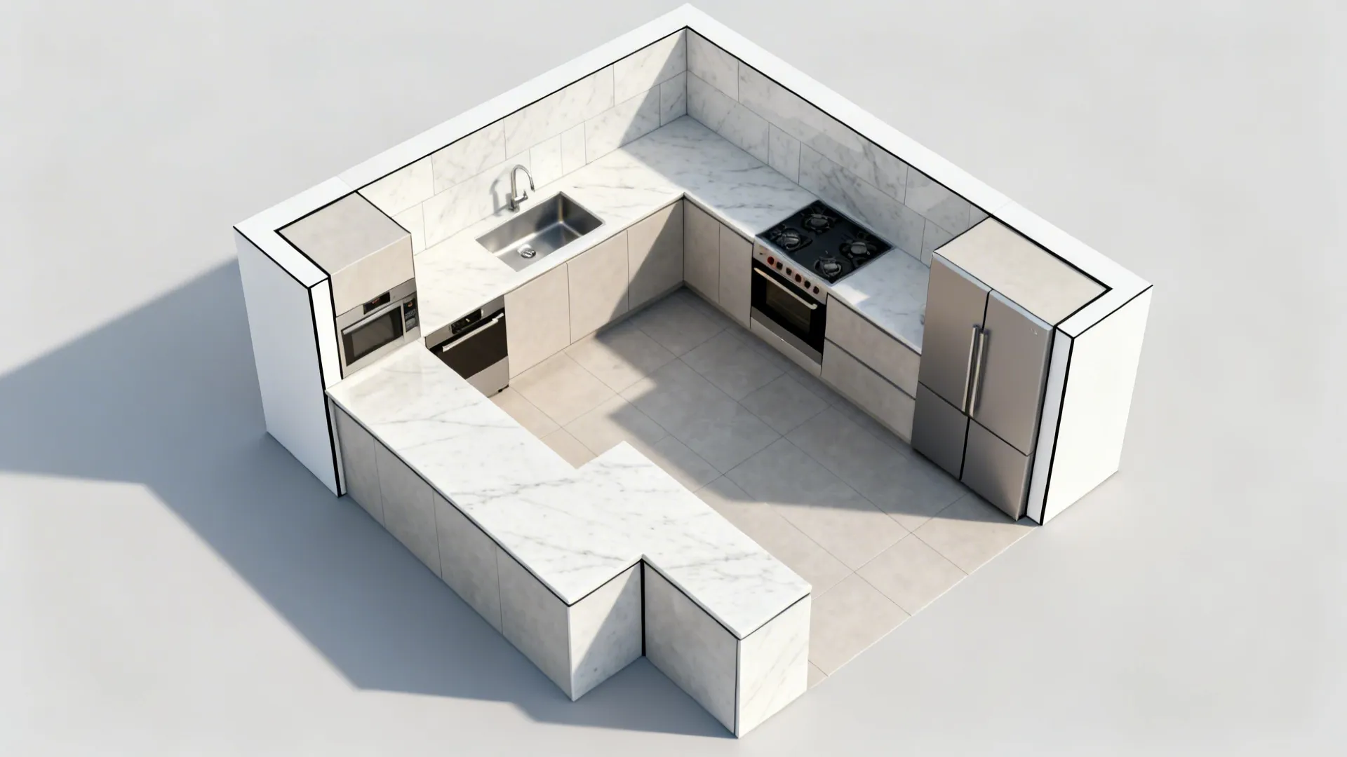 Top-down L-shaped small kitchen plan showing continuous slab backsplash behind sink and cooktop.