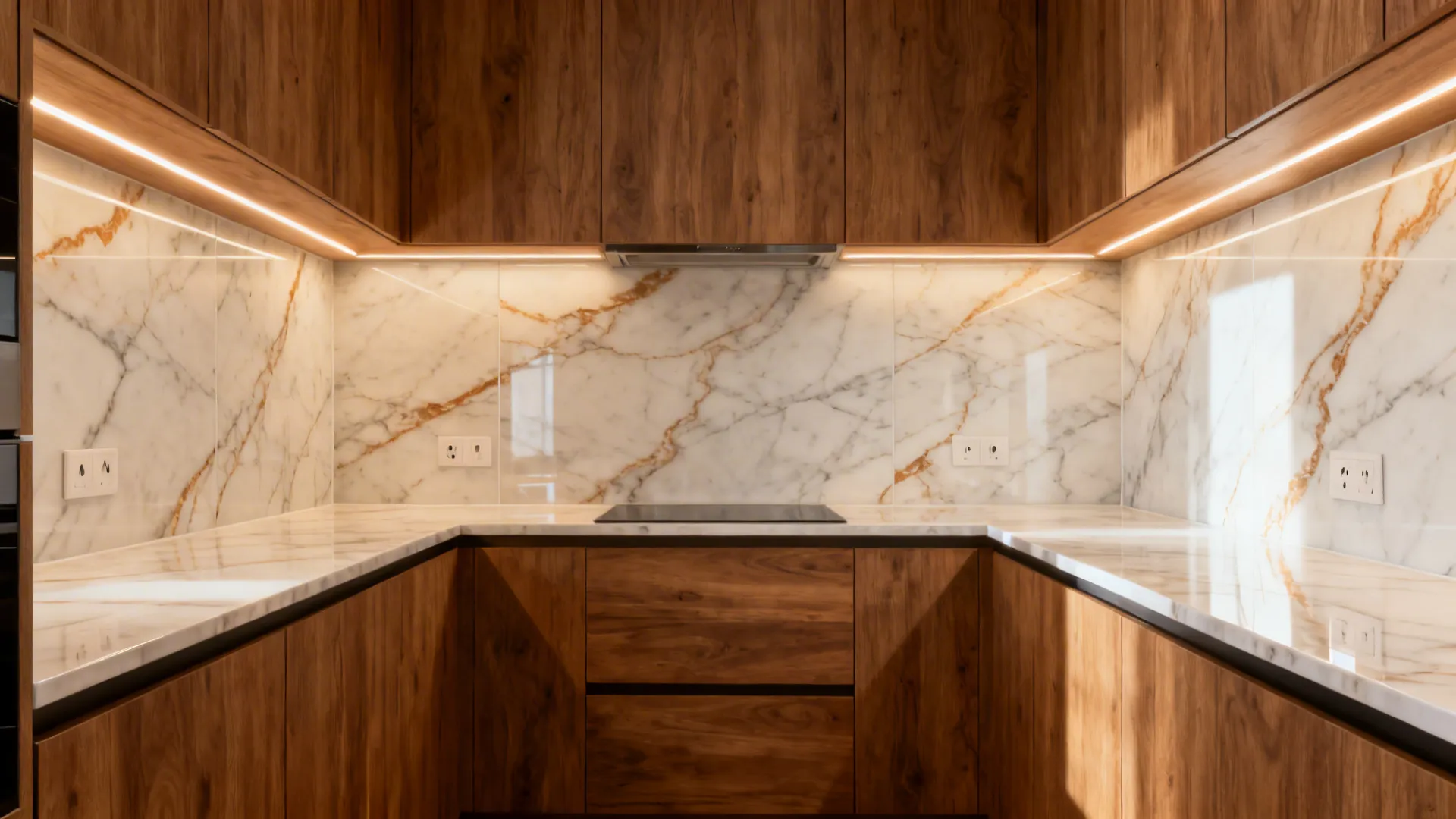 High backsplash with slab-look porcelain