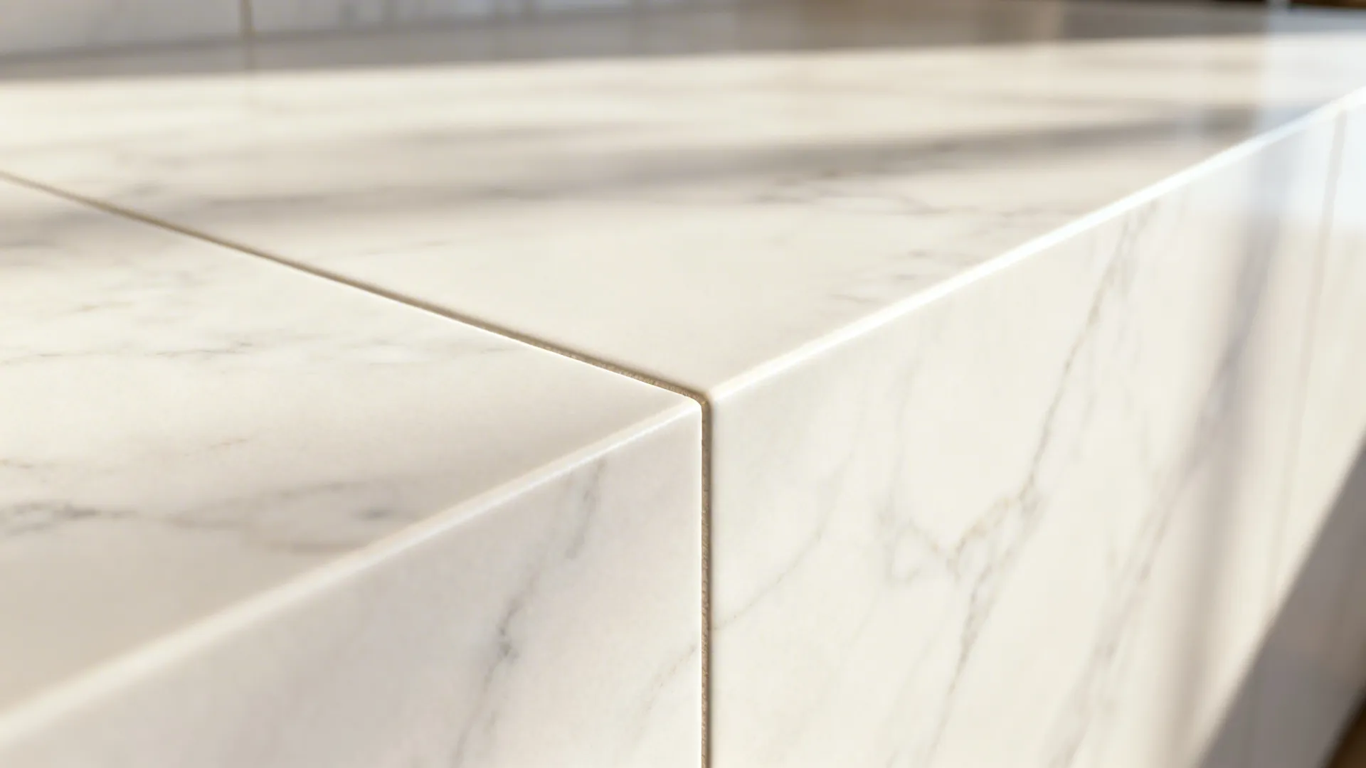 Macro of large-format ceramic slab showing ultra-fine seam and subtle warm white veining.