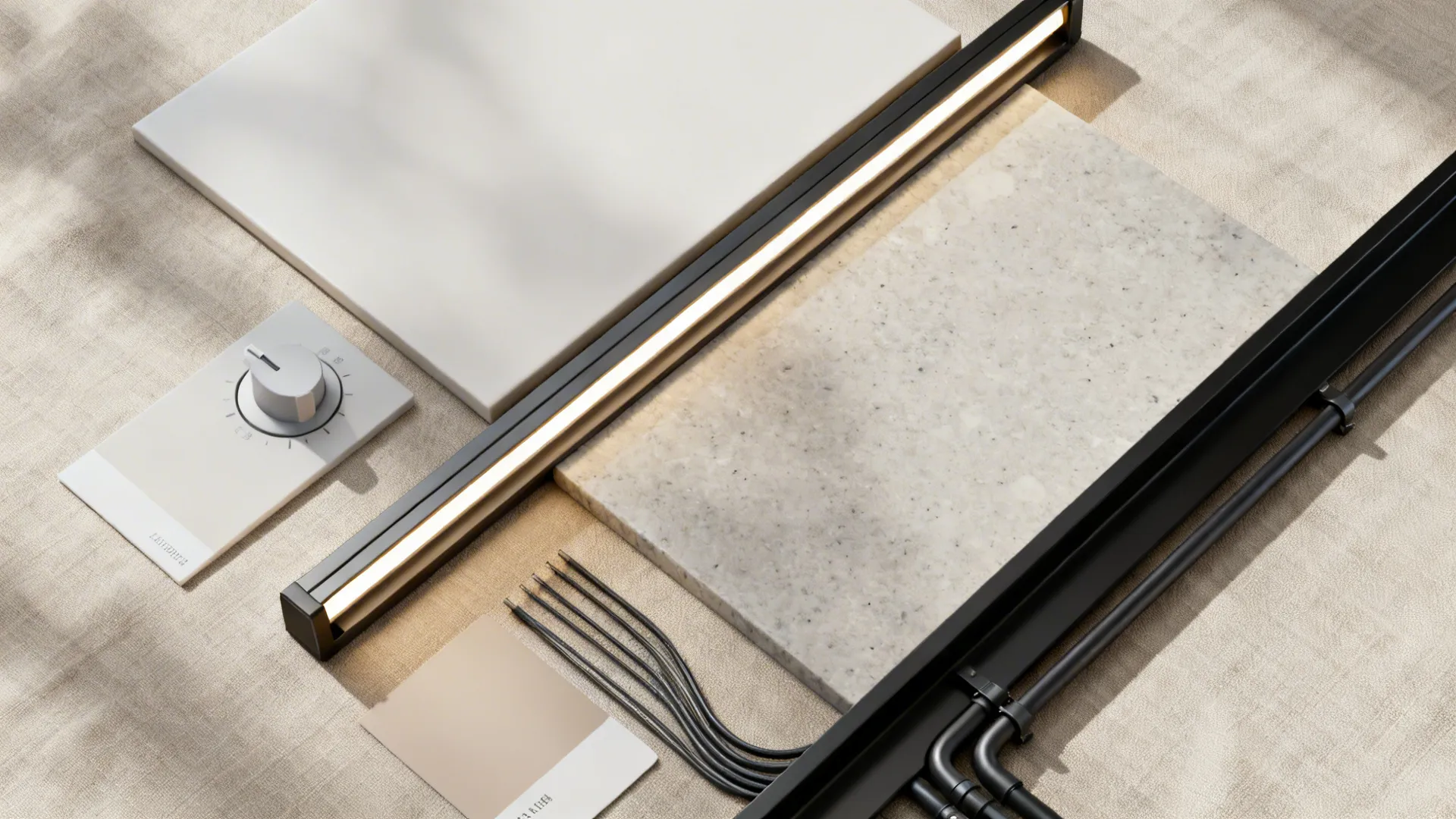 Flat lay of matte porcelain, LED channel, stone, paint swatch, and conduit for a TV slab wall.