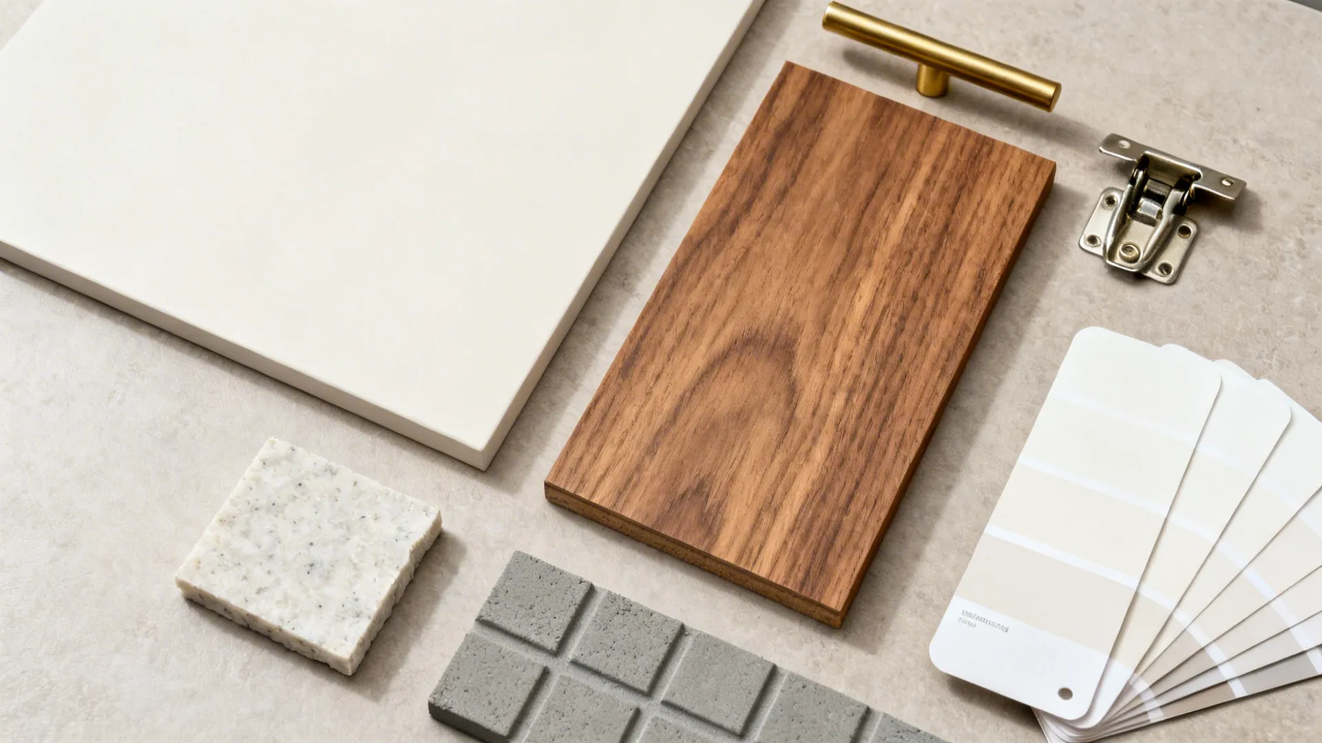 Top-down materials: matte ivory laminate, teak-look HPL, brass pull, hinge, and light quartz chip.