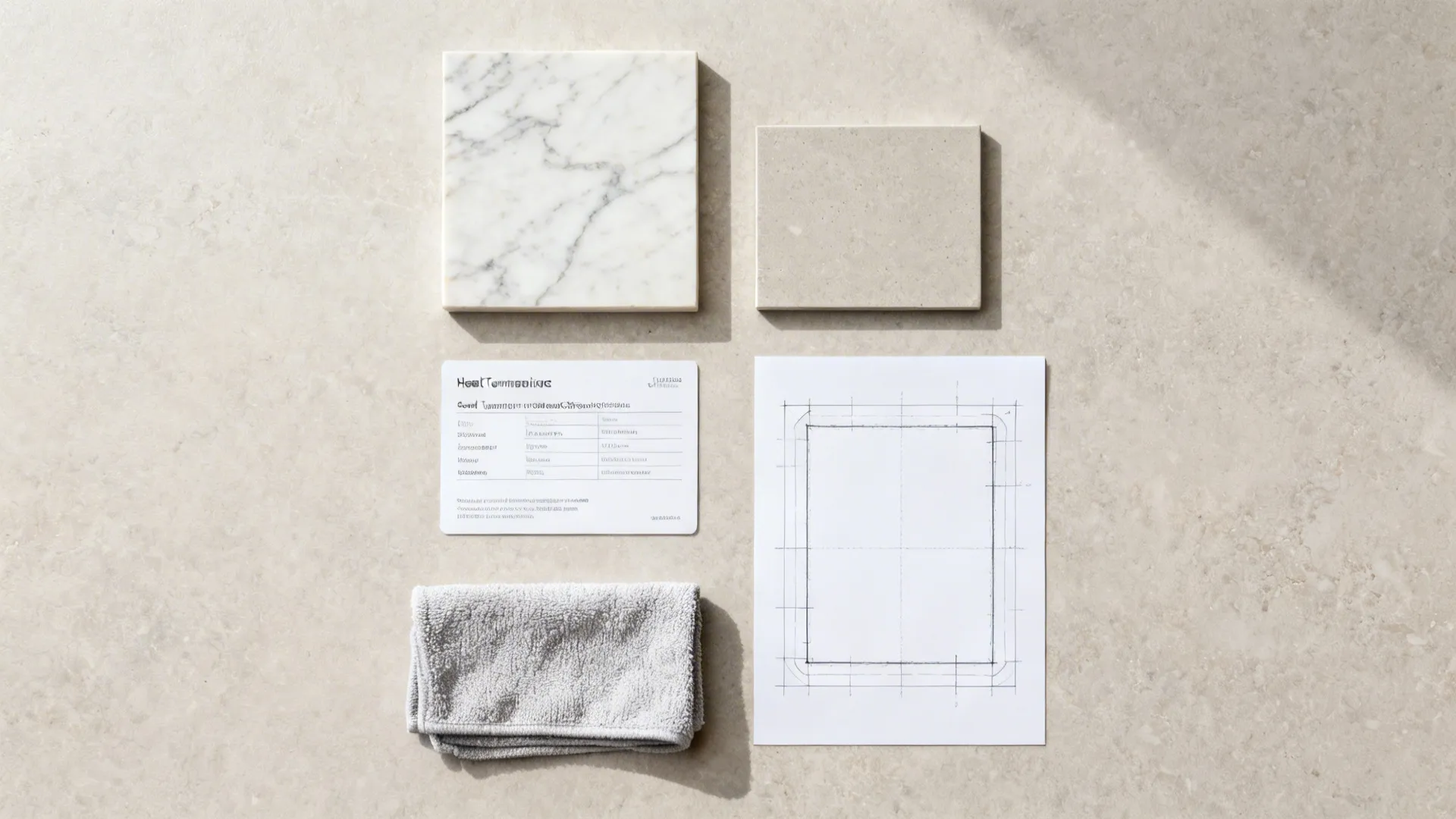Flatlay with quartz and porcelain slab samples, heat spec card, and template sketch for seamless splashbacks.