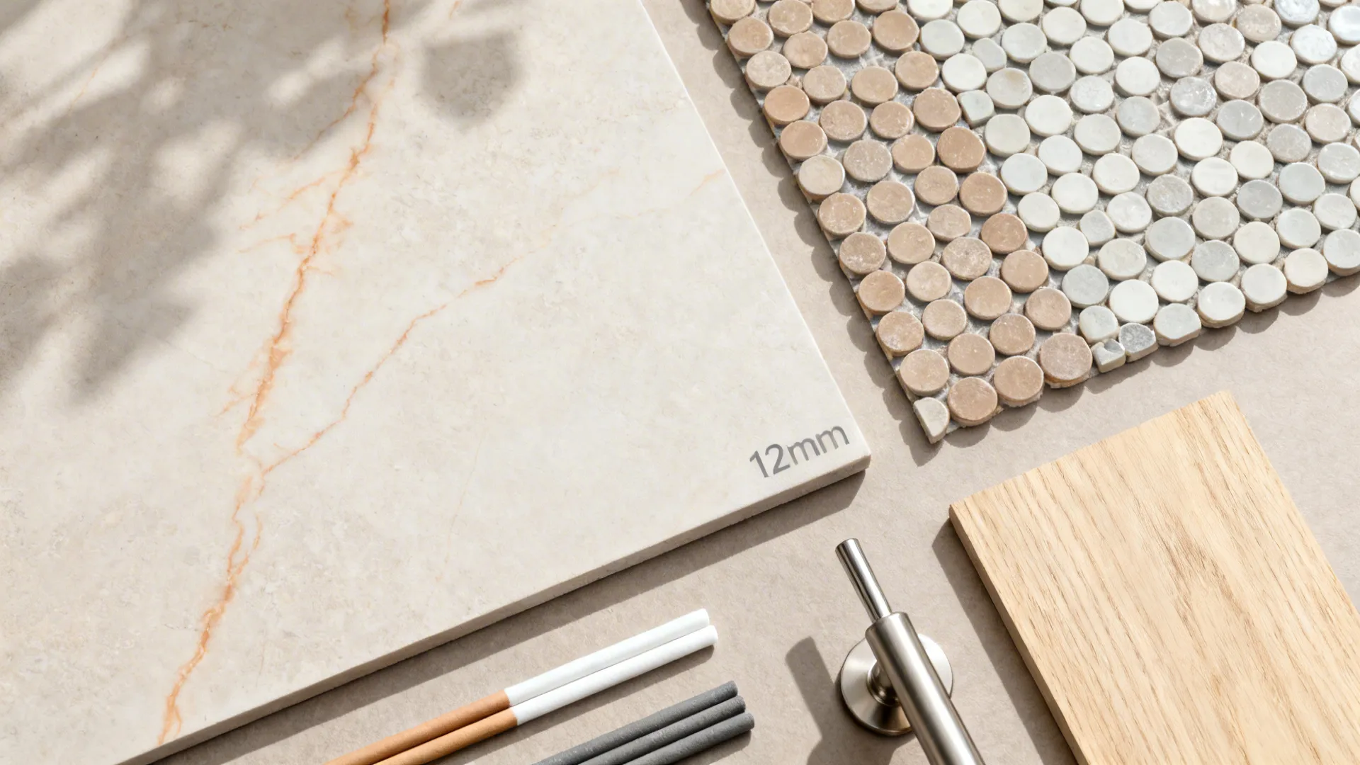 Top-down flatlay of subtle-vein porcelain slab, penny mosaic, grout sticks, and oak swatch.
