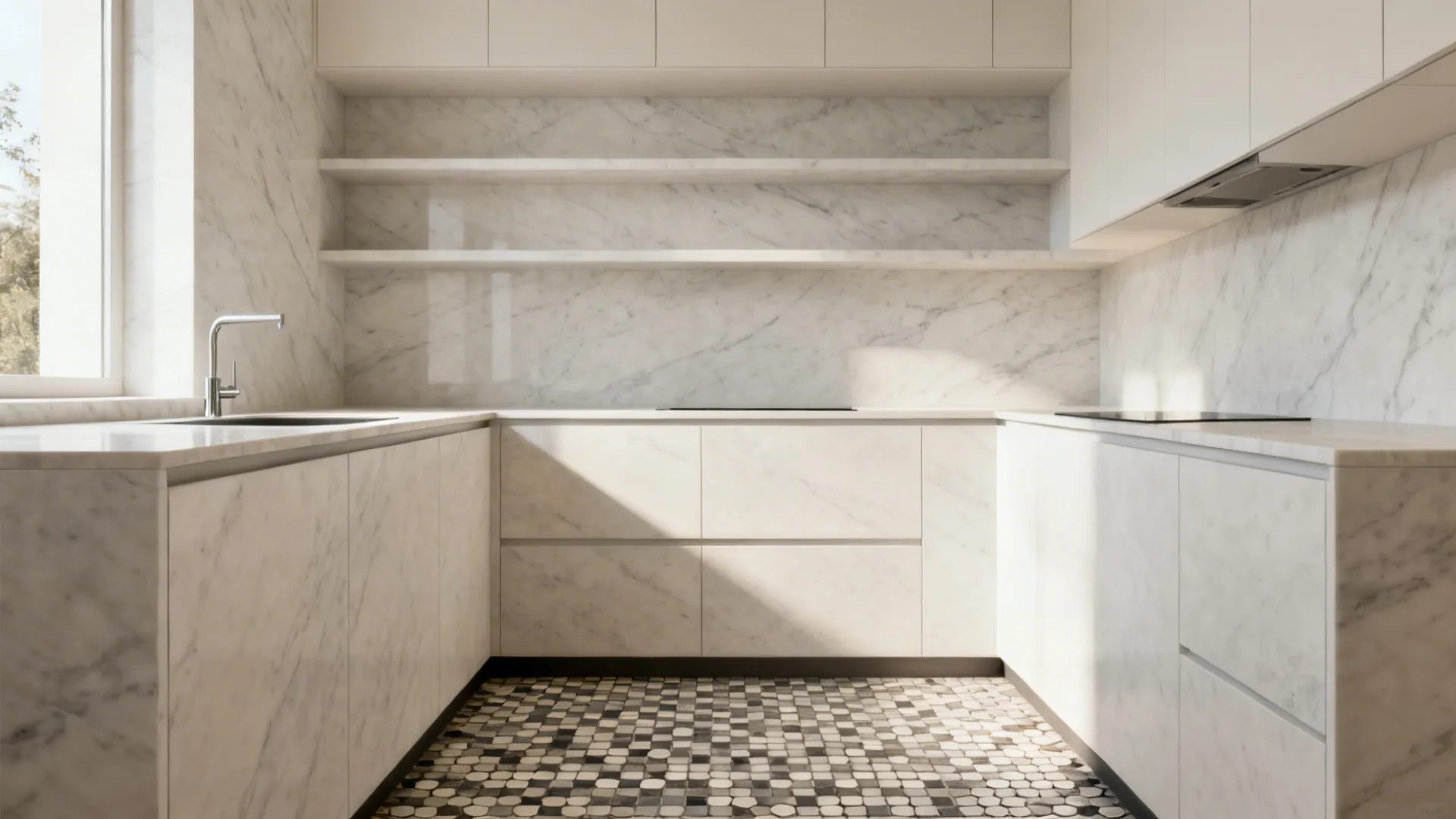 Compact kitchen with a full-height subtle-vein slab backsplash and low-contrast small-format mosaic floor.