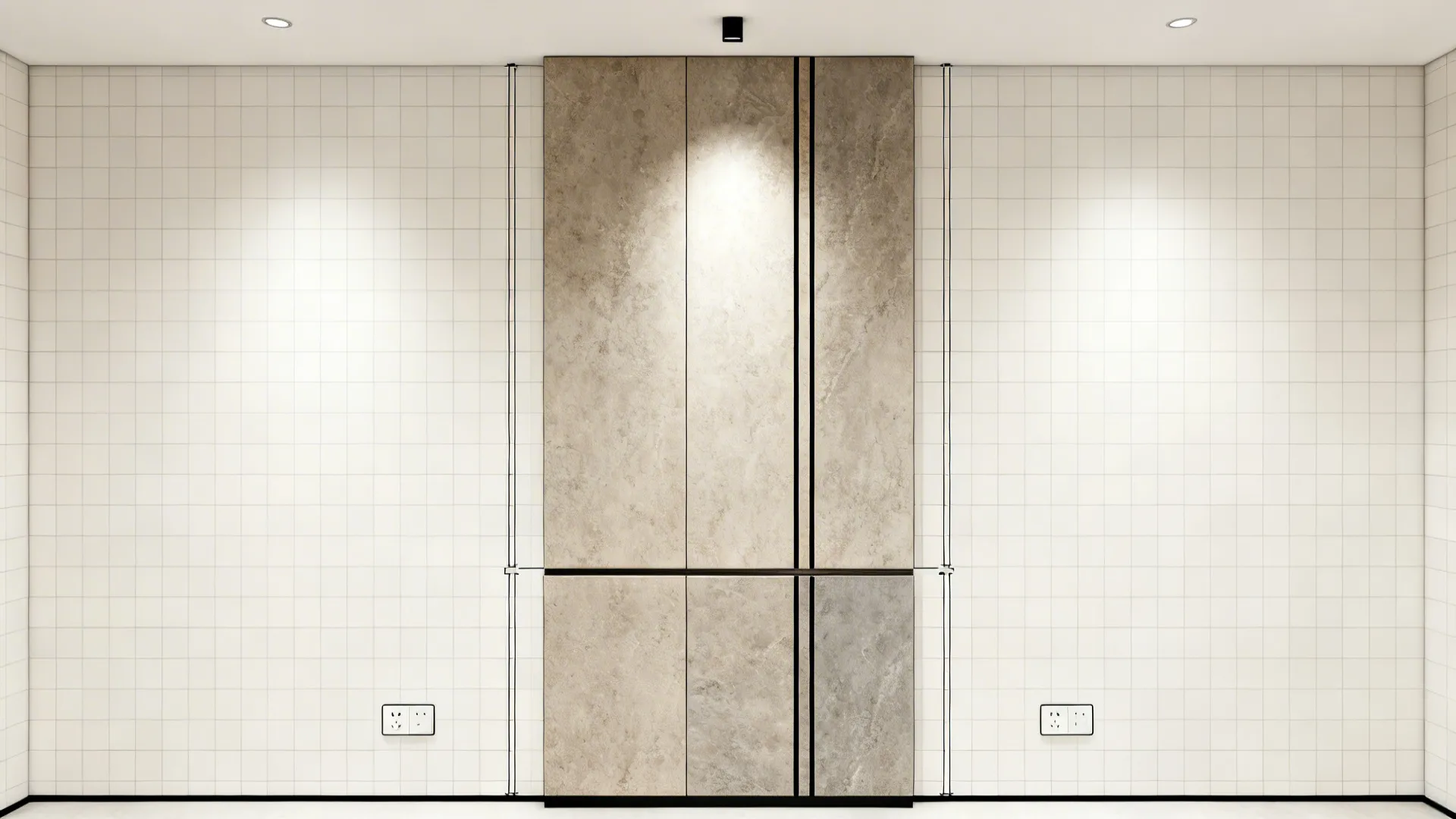 Top-down planning view showing outlet positions and seams for a full-height slab wall.
