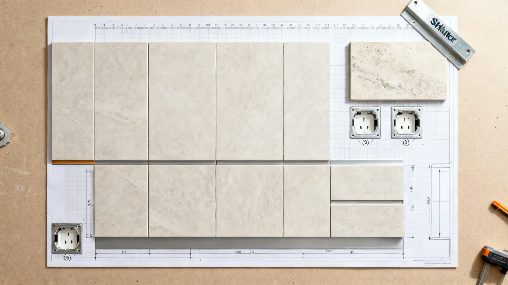 Top-down layout plan showing large-format porcelain panel seams and outlet cutouts.