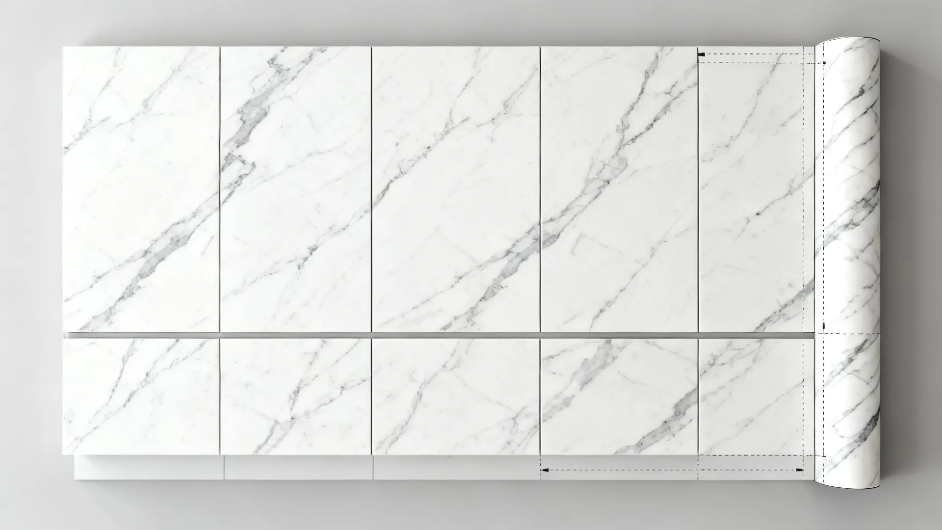 Top-down slab layout plan showing aligned veining and minimal seams for a backsplash.