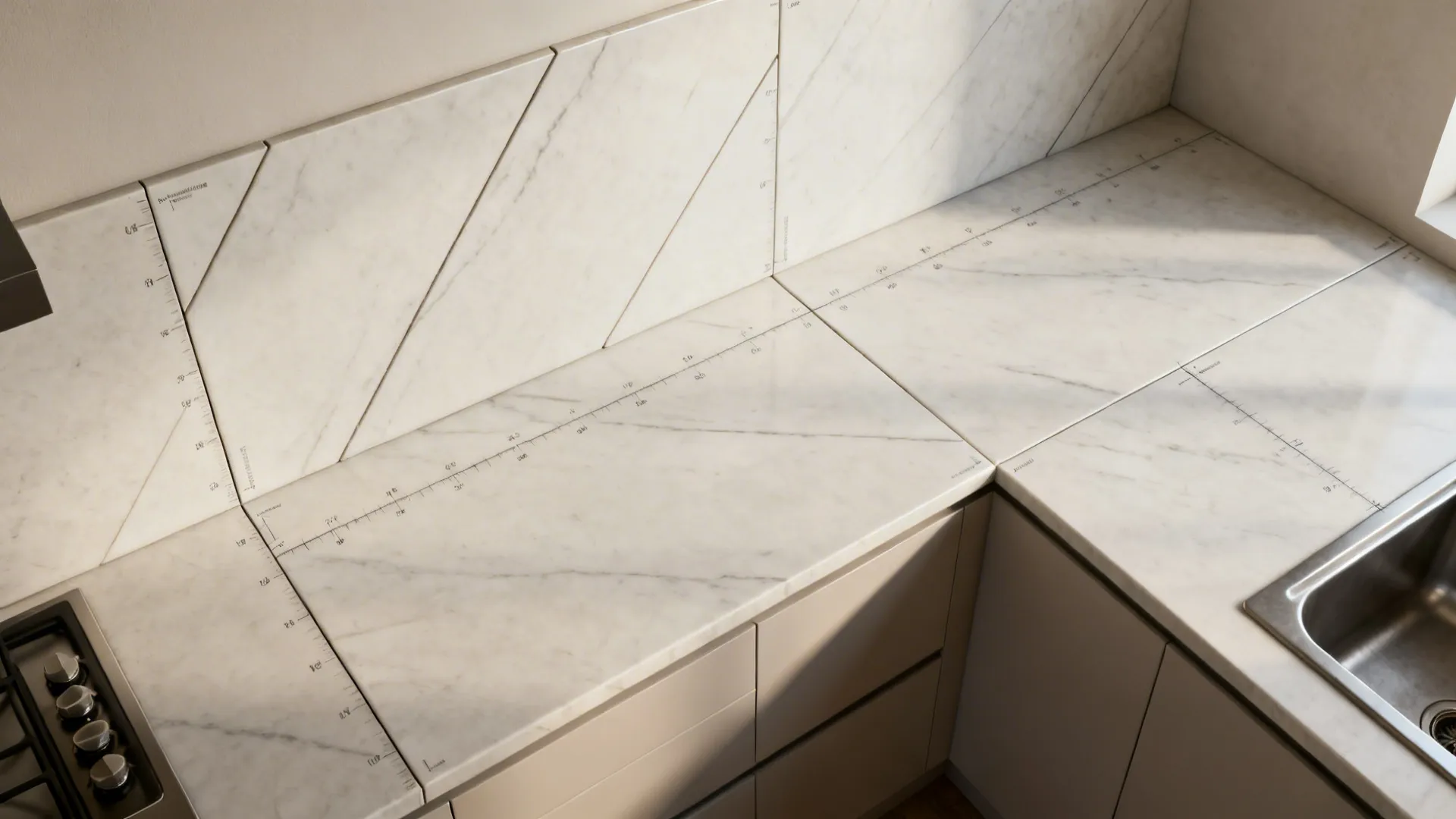 Marble kitchen countertop and wall panel with measurement lines for interior design drawing and planning layout
