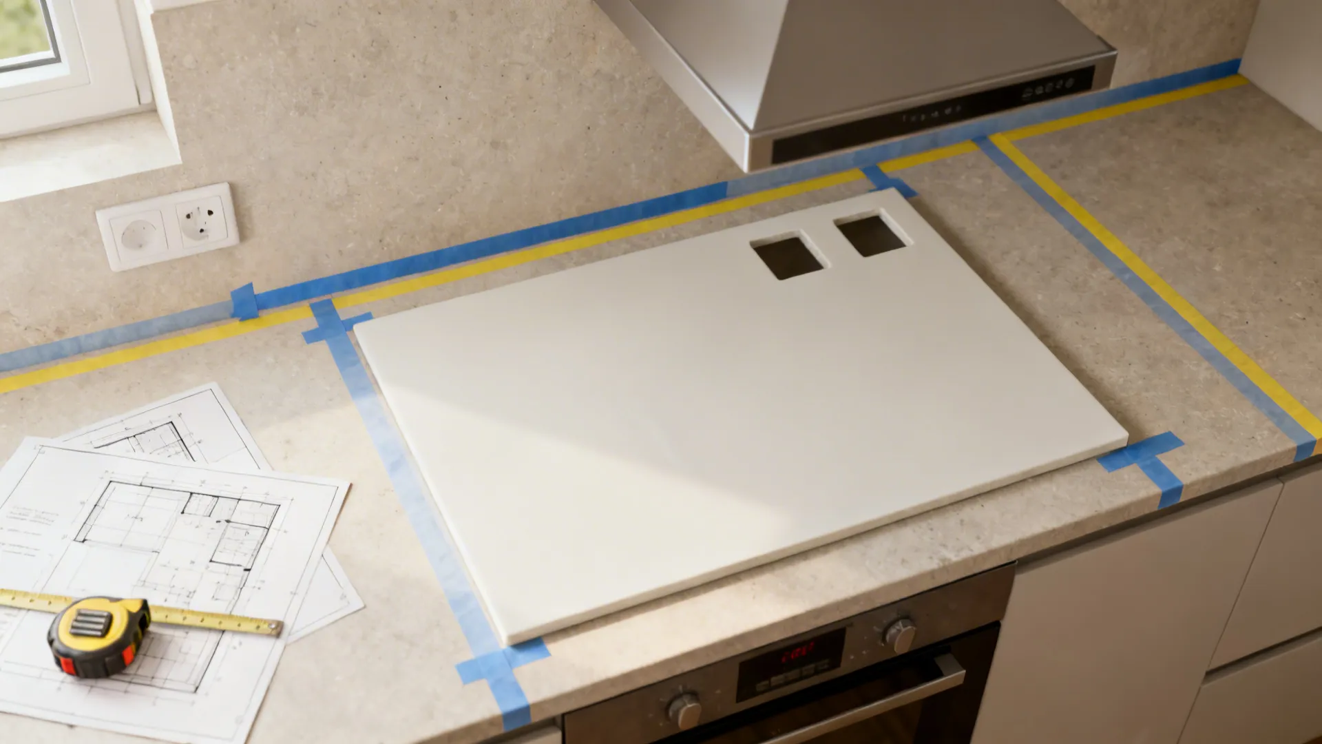 Top-down view of porcelain slab planning with tape marks and drawings for precise cutouts.