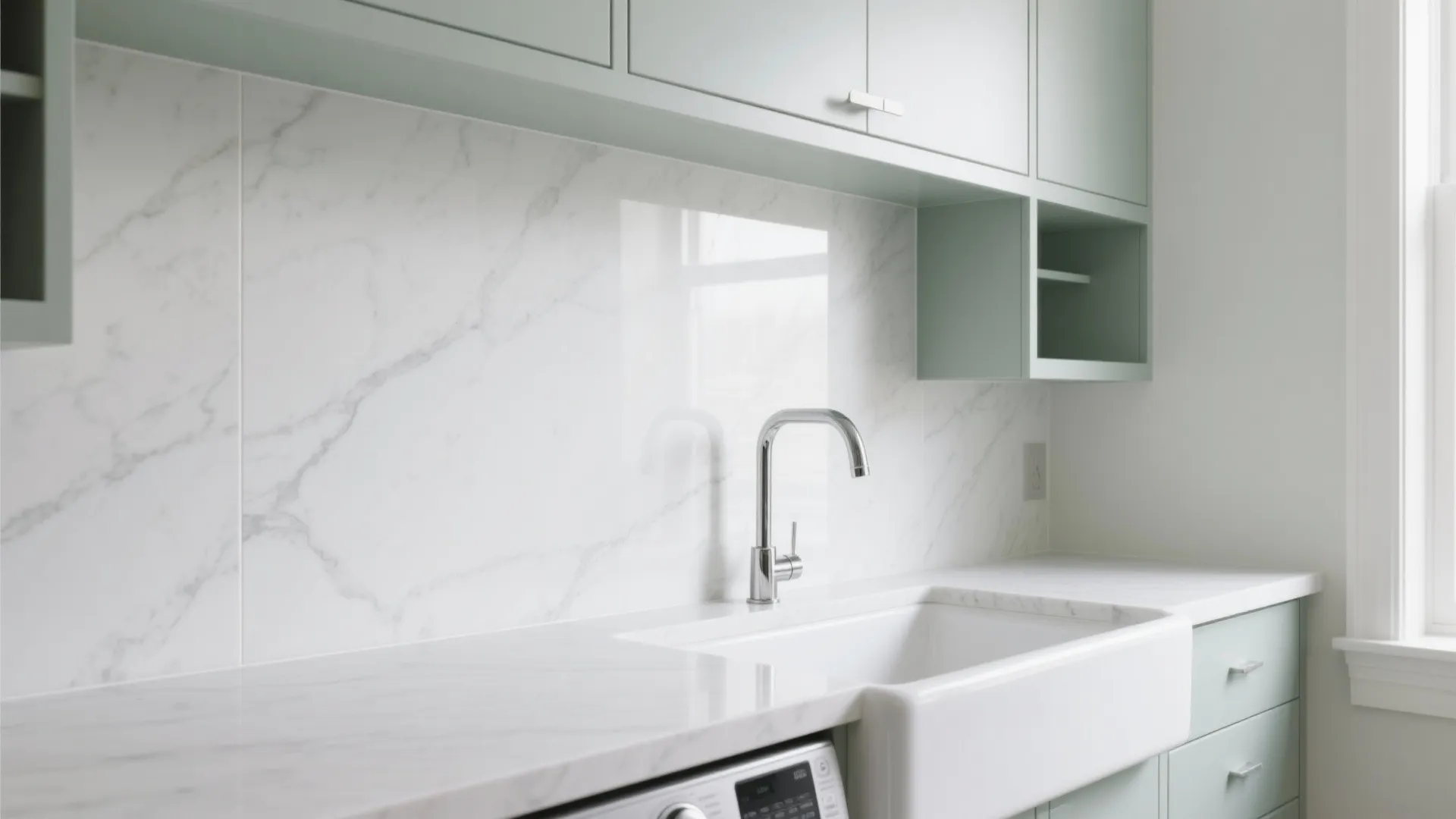 Clean laundry area with white marble wall panel, matching countertop, large white sink, and green cabinets