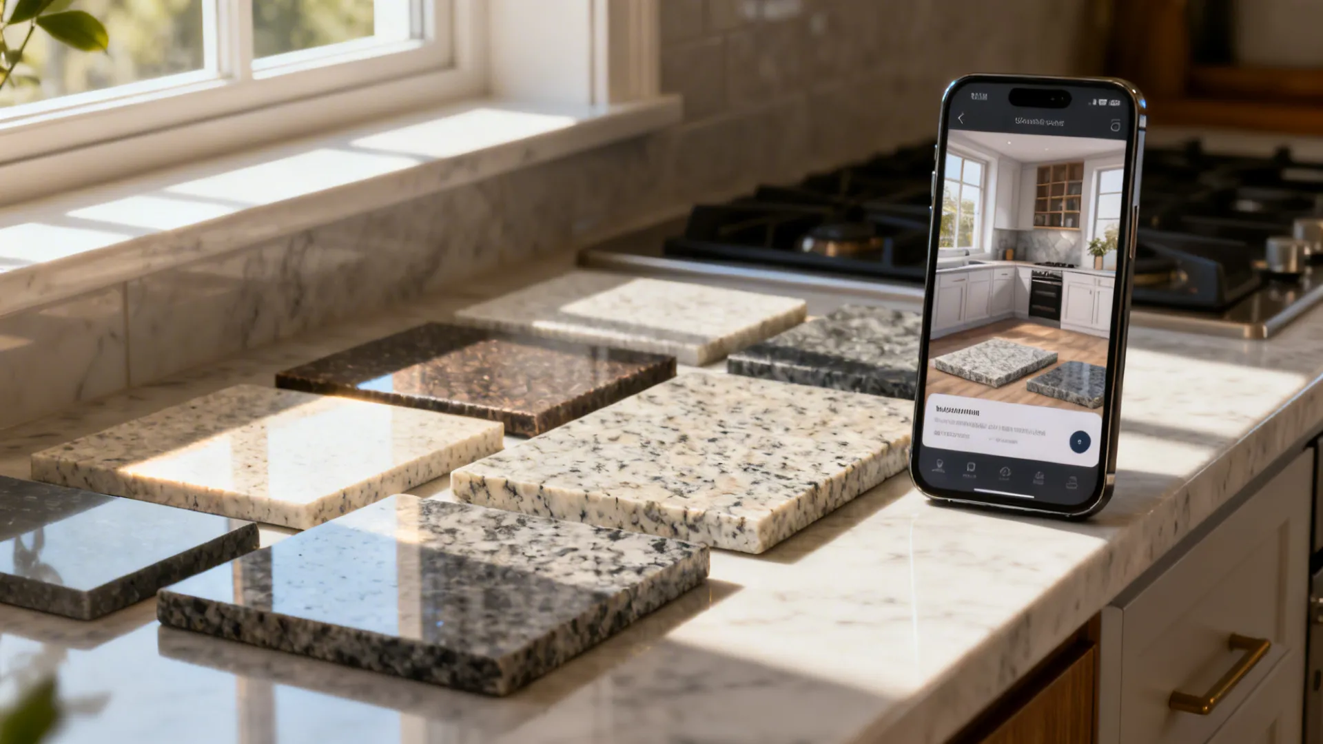 Granite slab samples beside a phone showing a 3D kitchen mockup app