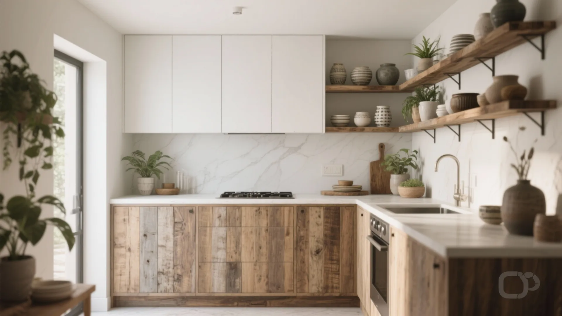 2. Slab-front cabinets plus reclaimed open shelving