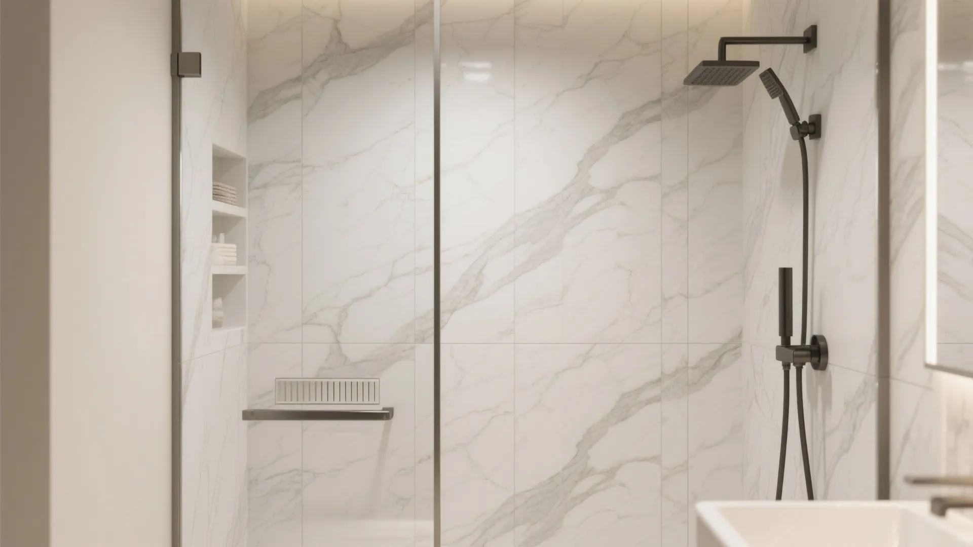 Large-format stone-look slabs (seam-light and spa-like)