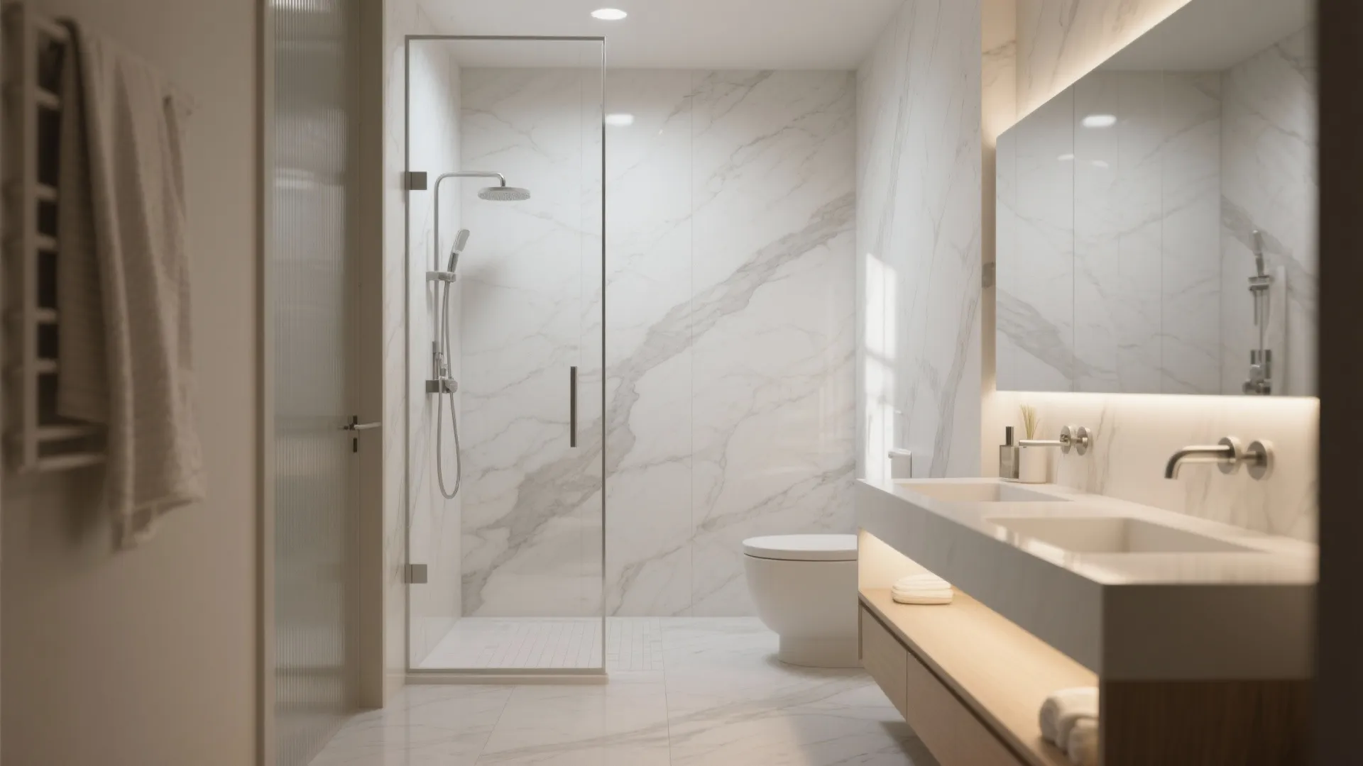 Porcelain Slab Shower Walls with Clear Glass