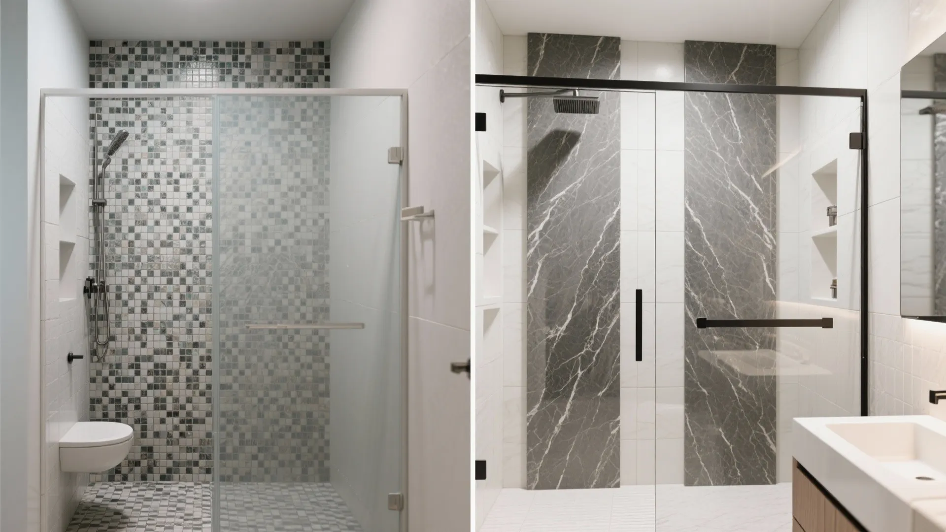 2) Large-format stone slabs in the shower