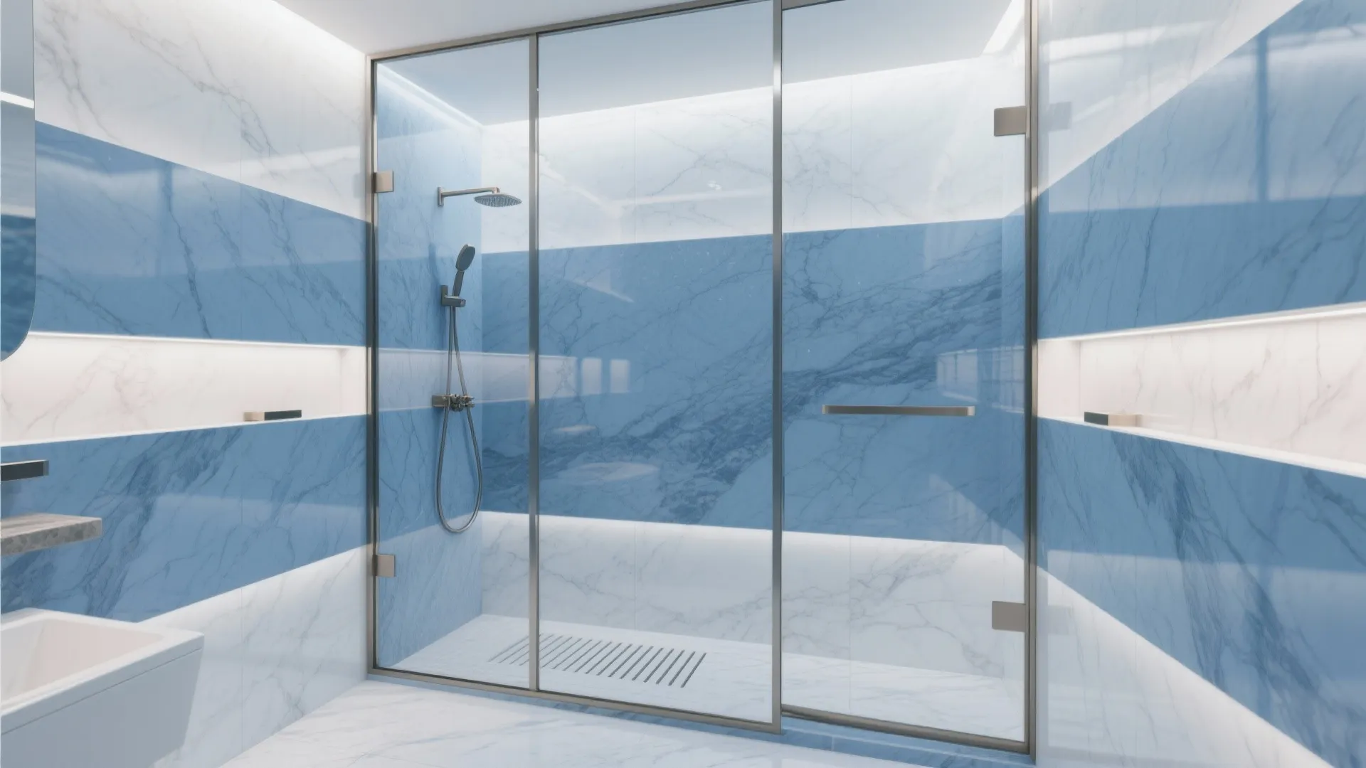 Seamless glass shower with large-format blue marble panels and minimal joints.