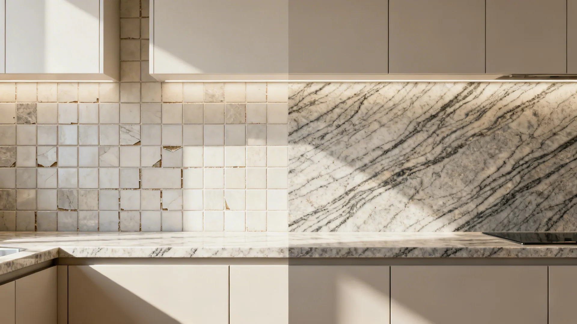 Comparison showing a short backsplash versus a full-height veined granite slab splash.