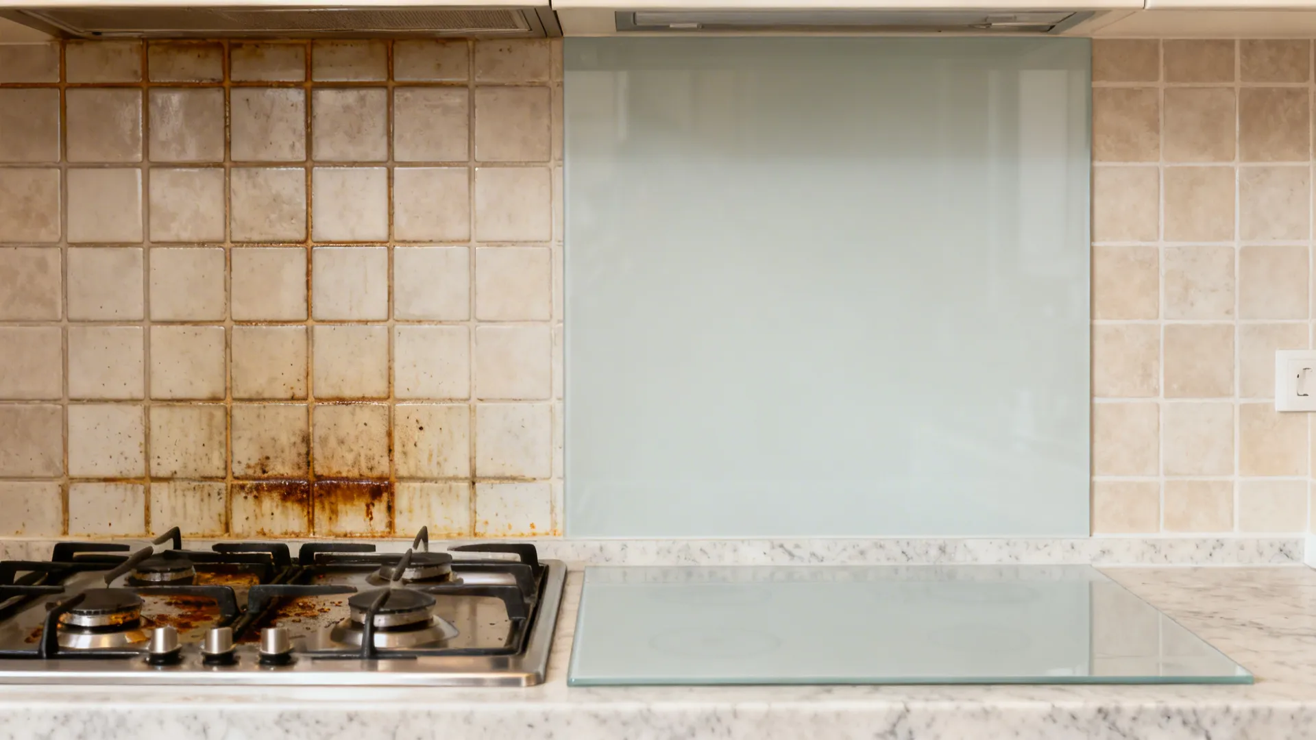 Before-and-after showing stained grout behind a stove versus a clean glass or quartz slab splash.