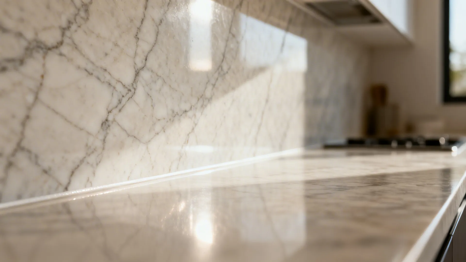 Macro of polished quartz slab backsplash showing fine veining and soft reflections.
