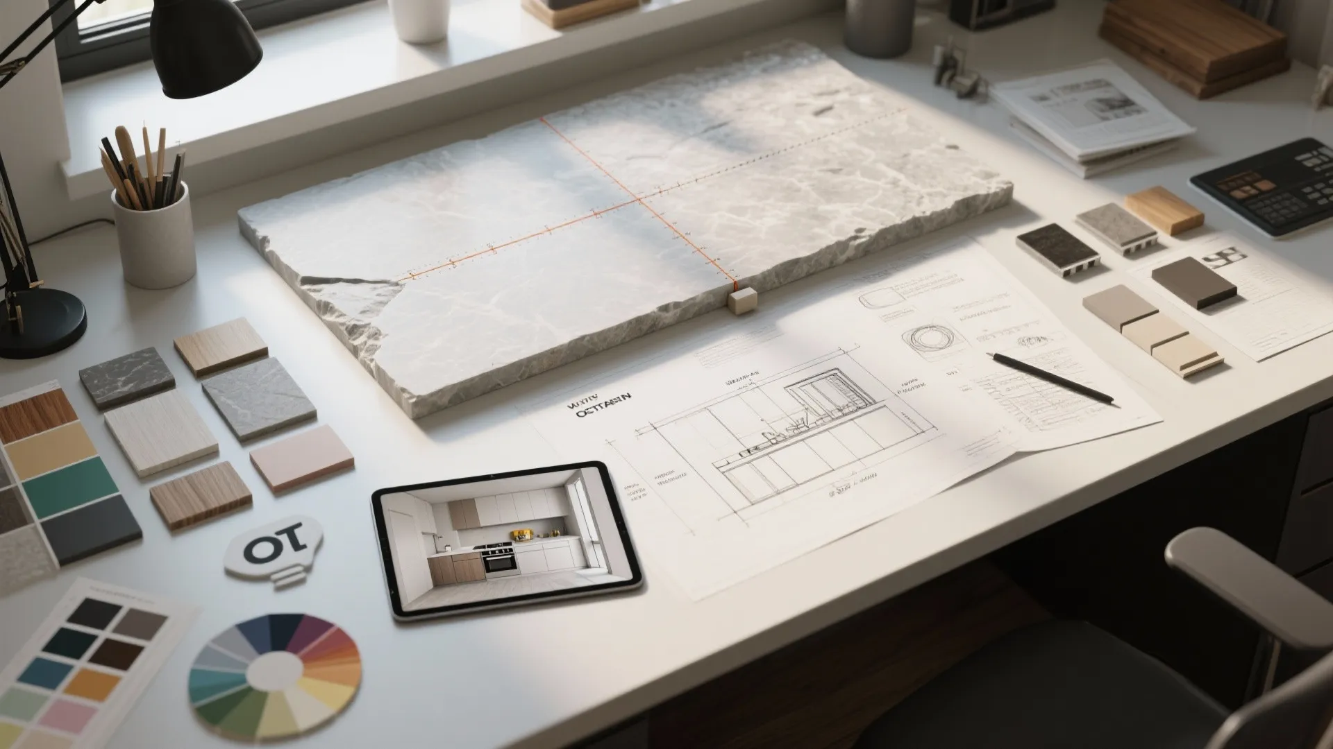 Designer desk with marble slab interior design drawing color samples tablet and a small black lamp