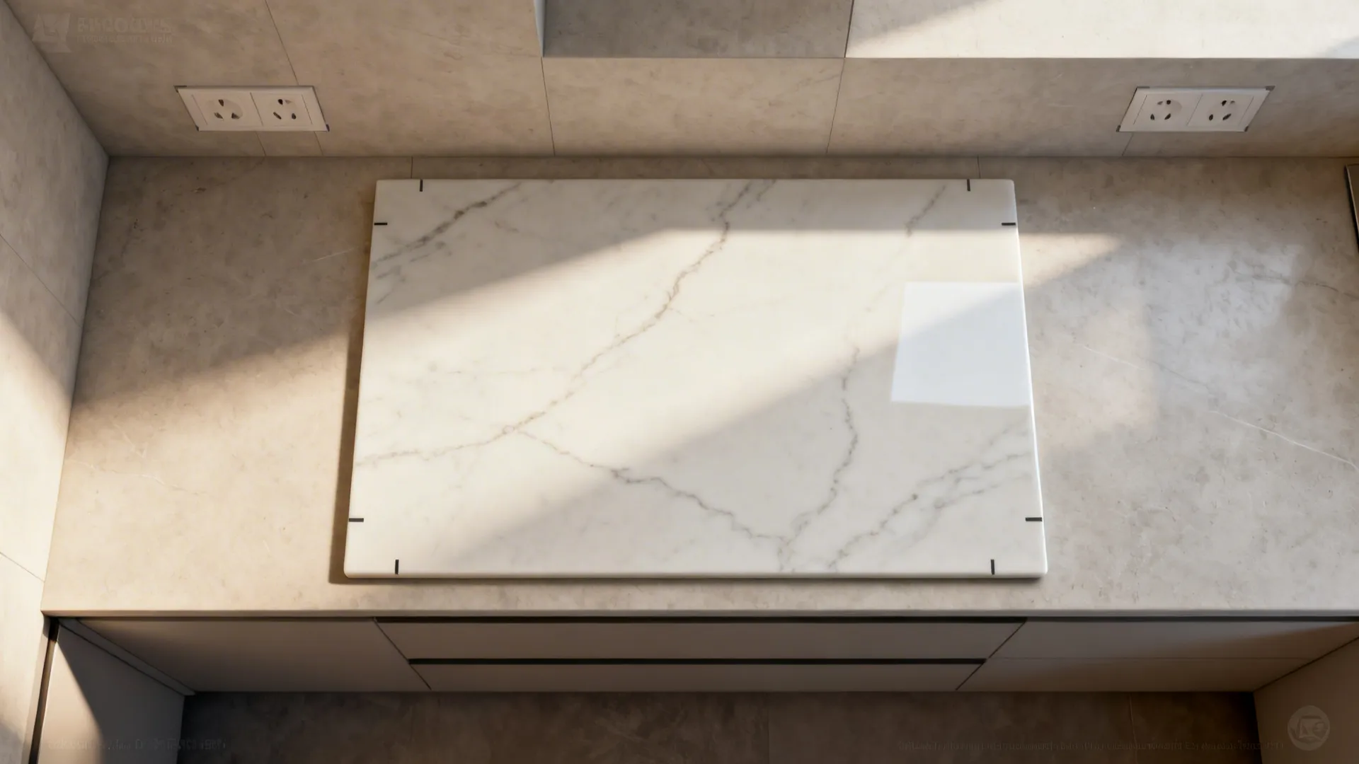 Top-down mockup showing porcelain slab layout with precise outlet cutouts.