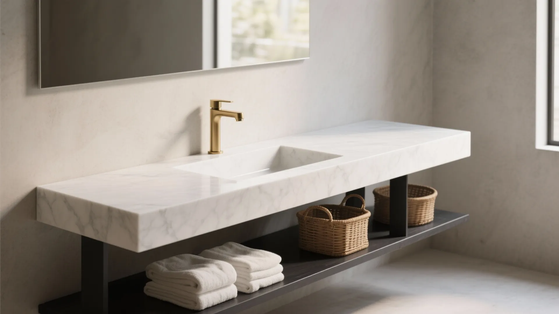 Monolithic Stone-Look Vanity with Open Shelf