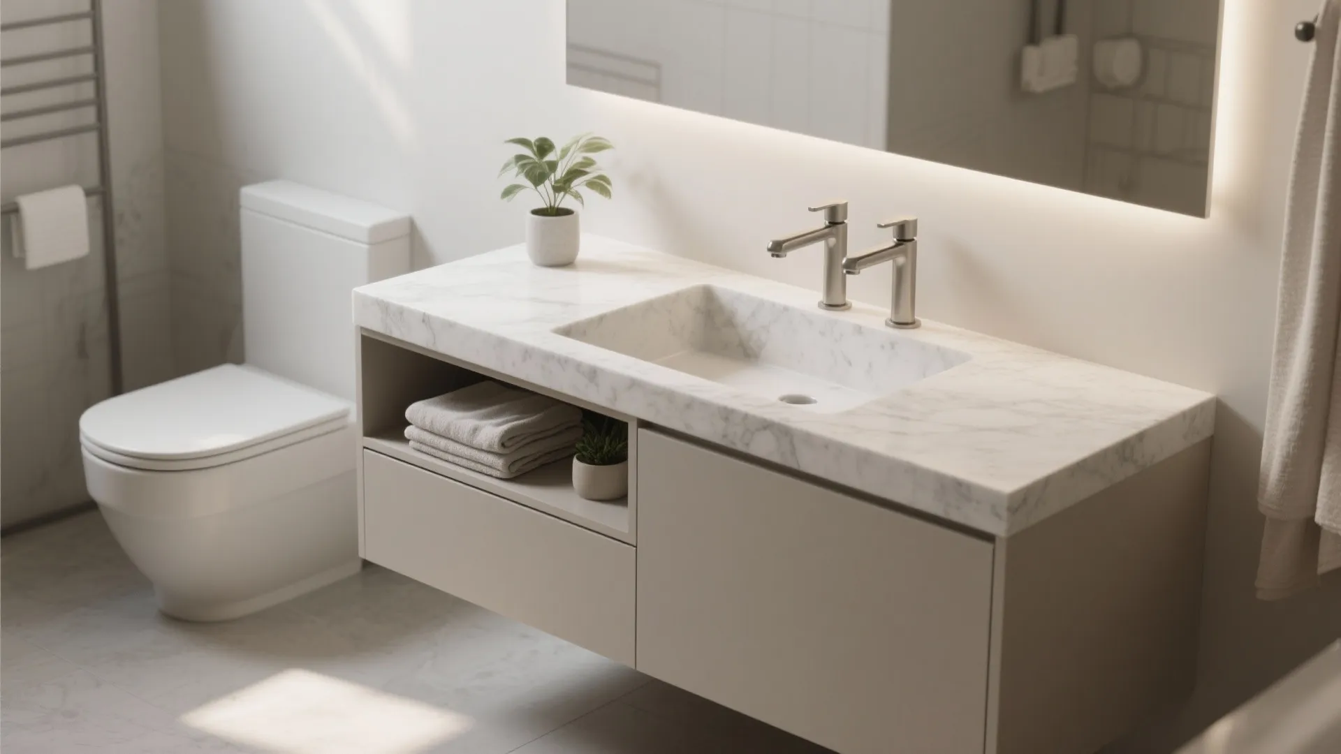 2. Minimal single-slab vanity with deck-mounted 2-hole faucet