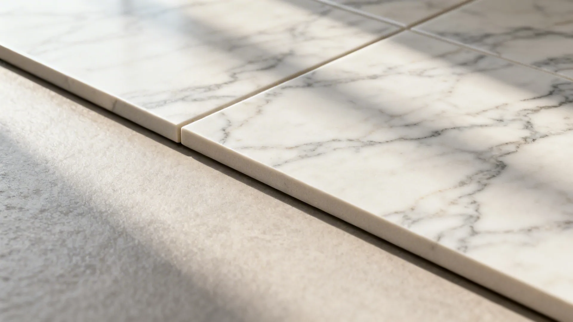 Close up of white marble floor tiles with grey veins showing natural light and shadows