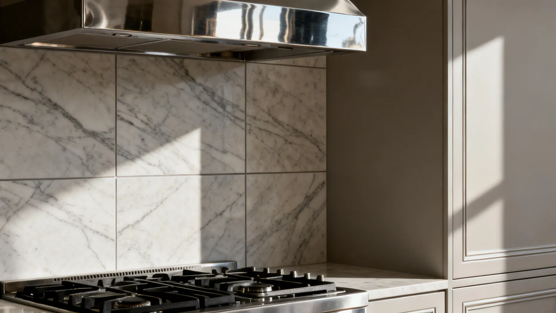 Modern kitchen wall with large white marble pattern tiles behind a gas stove and hood
