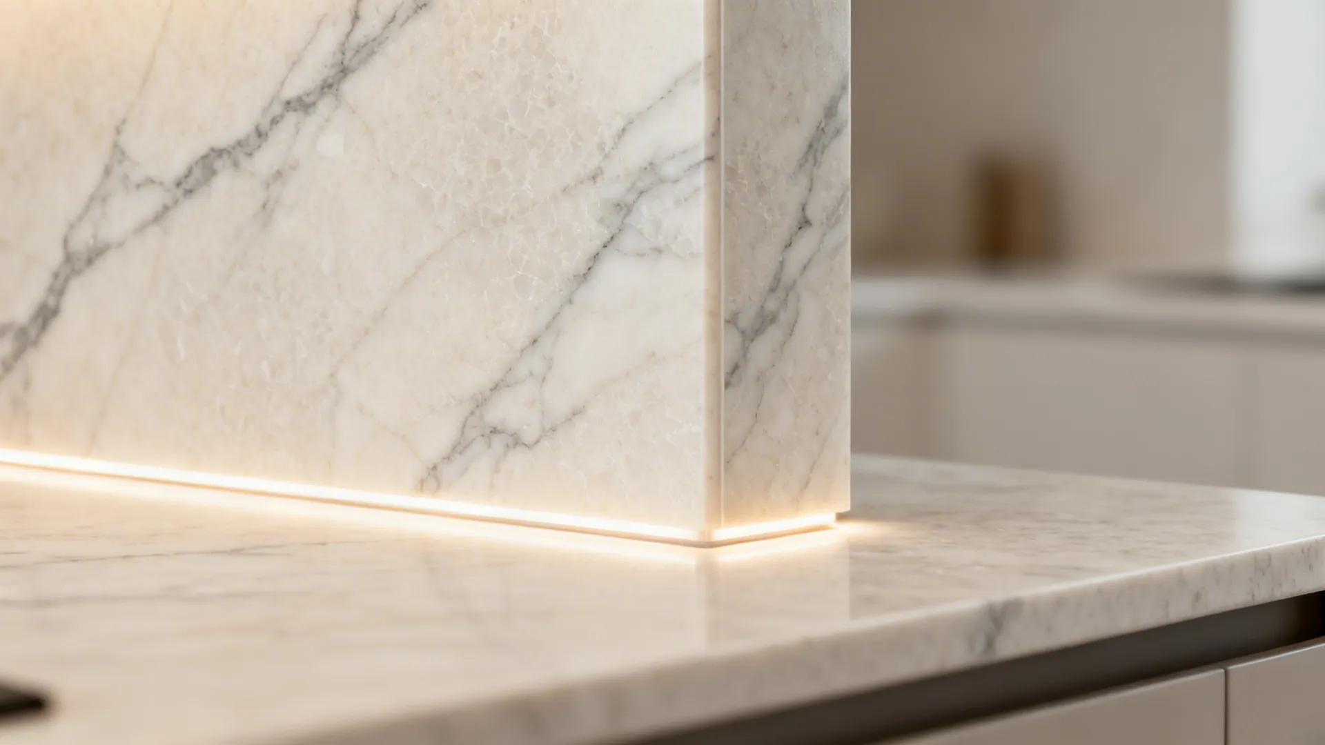 Macro of quartz slab backsplash with subtle veining and soft satin finish.