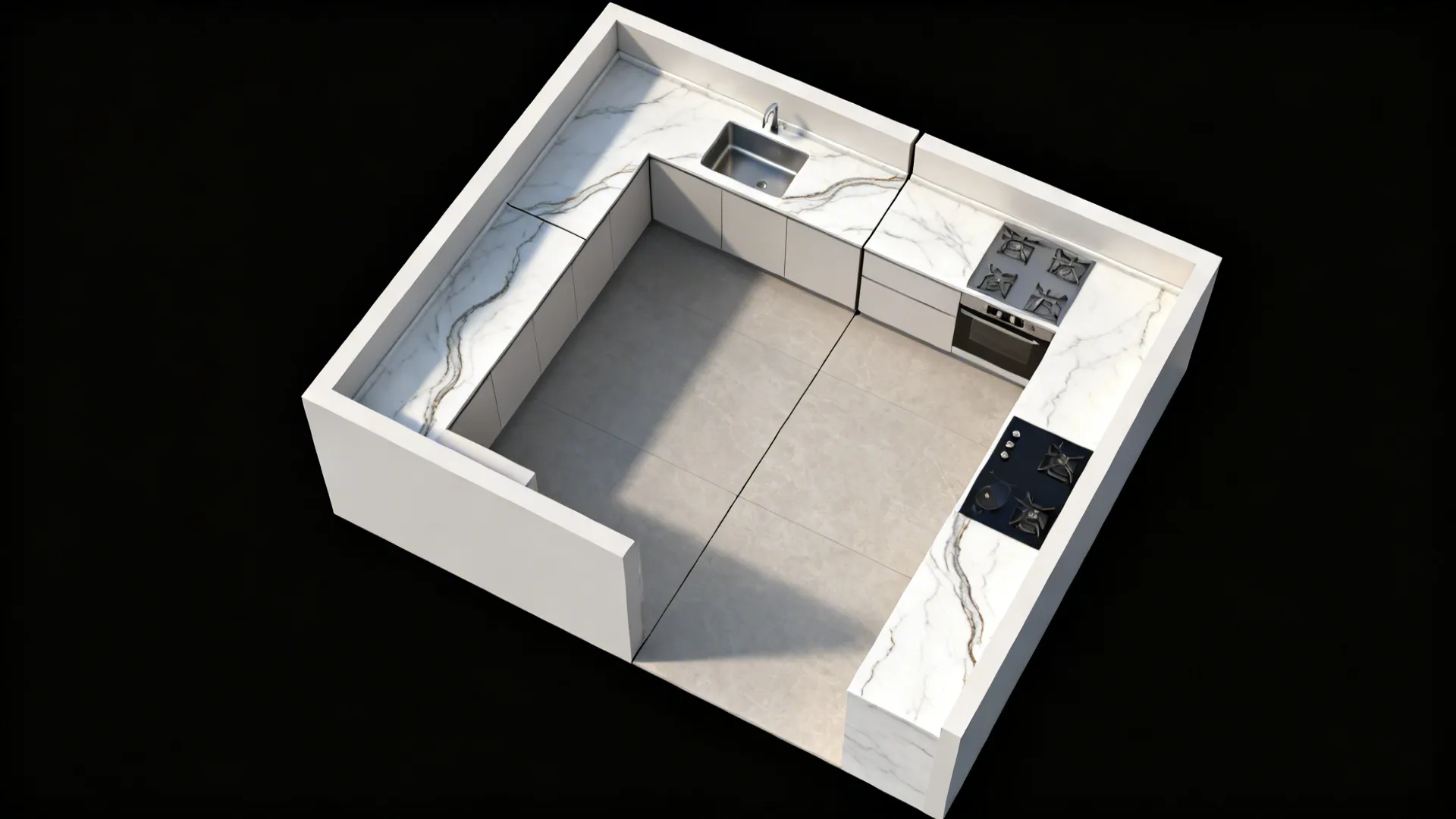 Top-down L-shaped kitchen plan highlighting aligned veining across large-format slab joints.