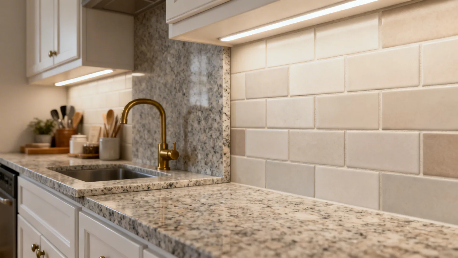 Compact kitchen showing a granite slab splash compared with a matte tile backsplash.
