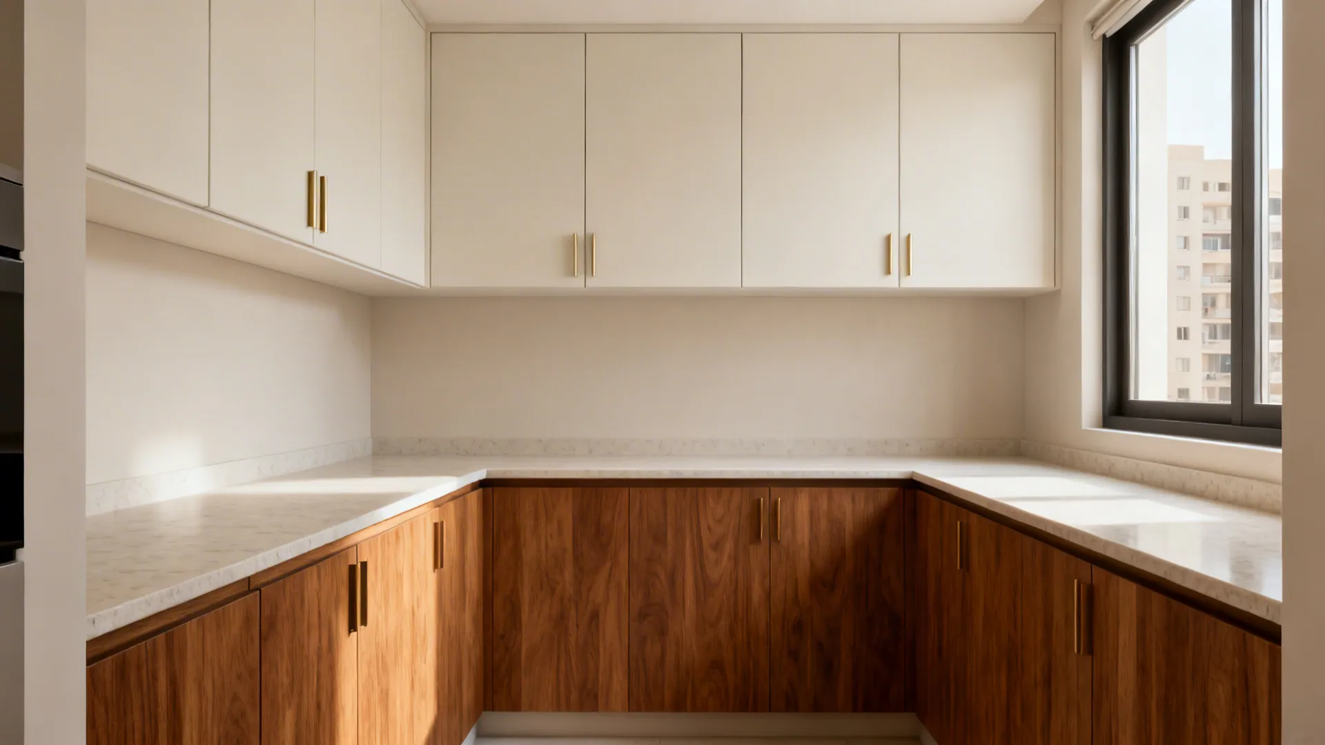 Small L-shaped kitchen with matte off-white slab uppers and teak-look veneer lowers.