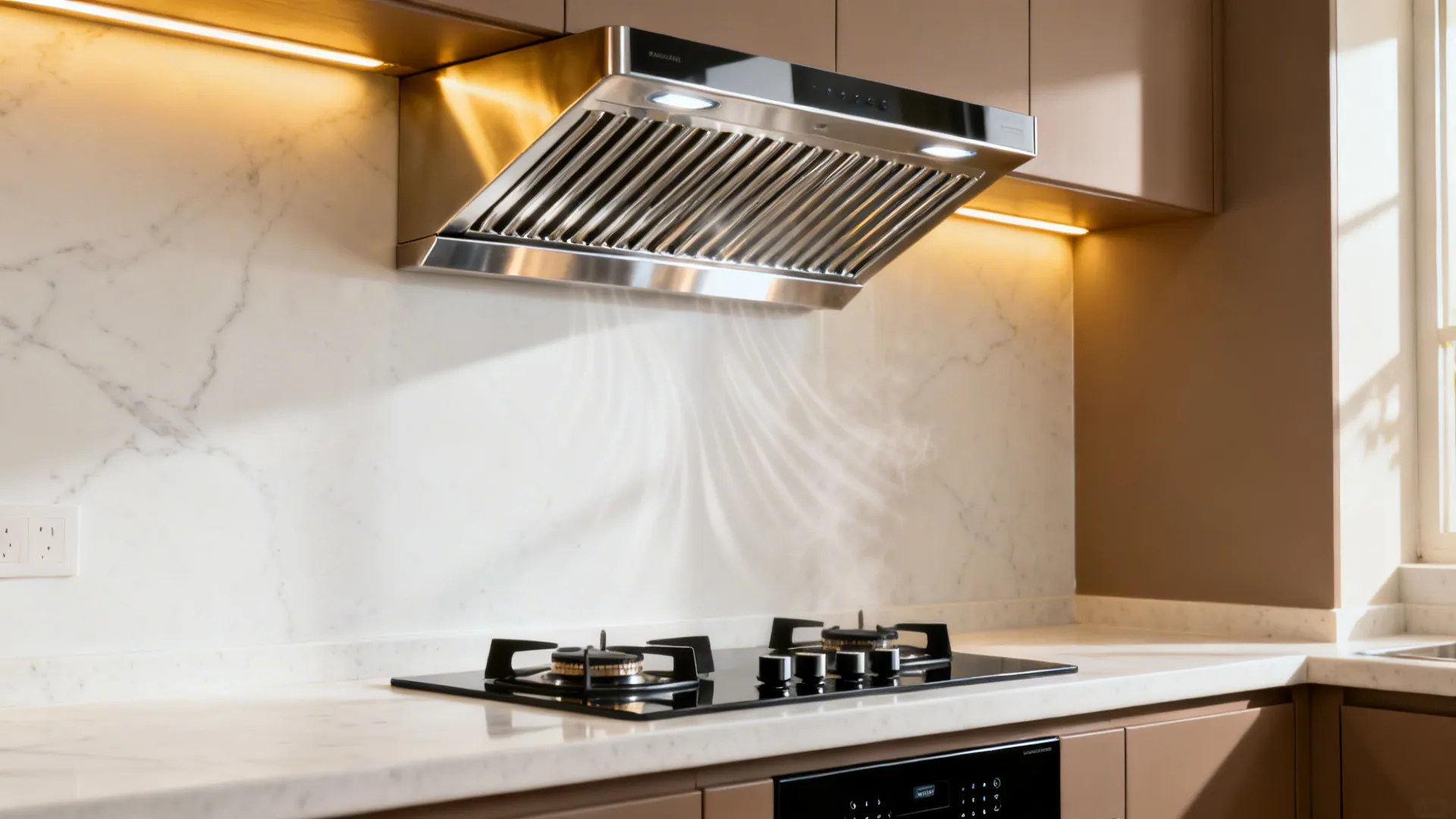 Slant auto-clean chimney with stainless baffle filters over a cooktop.