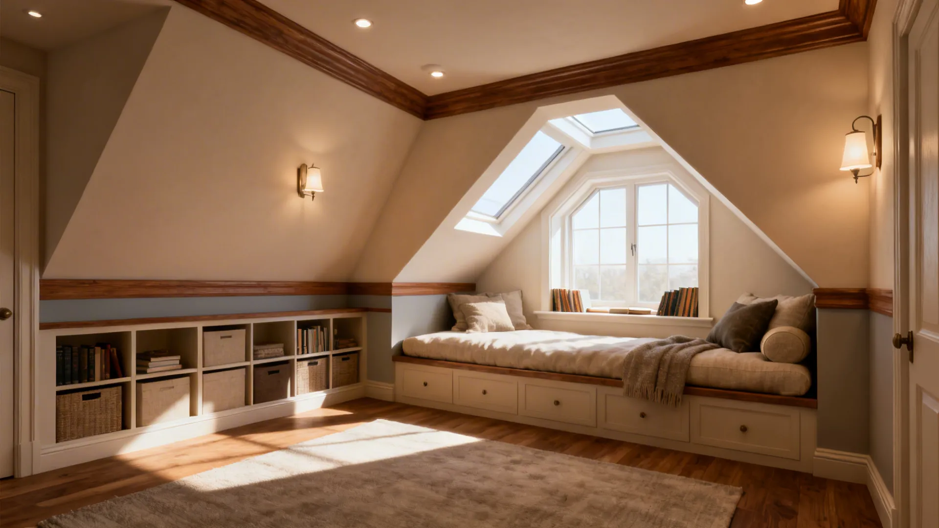 Attic bedroom with sloped ceiling and daybed including storage drawers under a white roof window