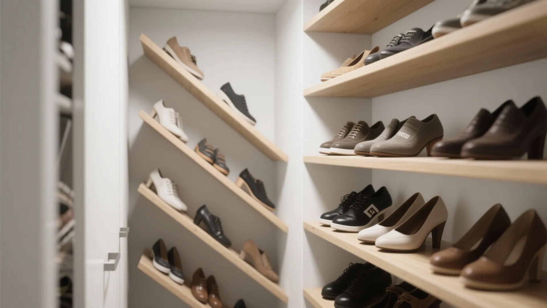 Walk-in closet storage with slanted wooden shelves and horizontal racks holding various pairs of shoes