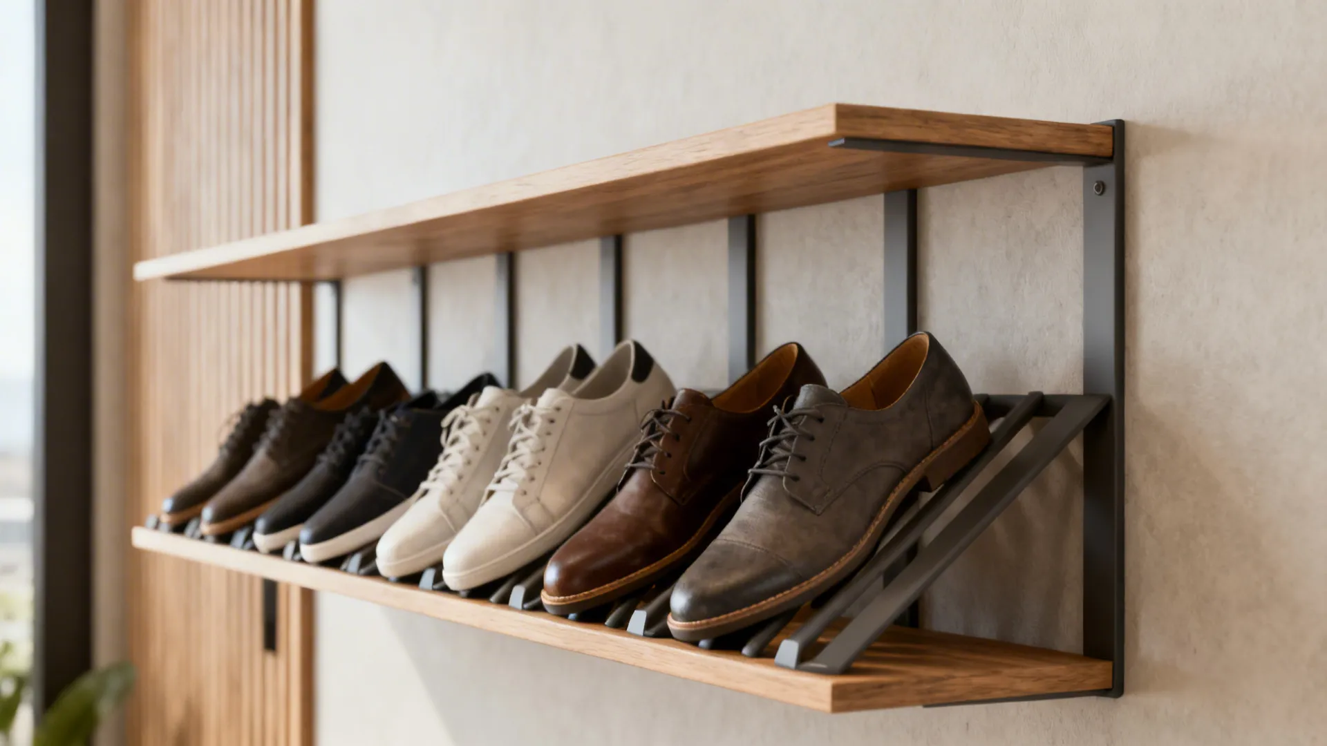 Slim wall shelf with slanted shoe racks displaying daily shoe pairs