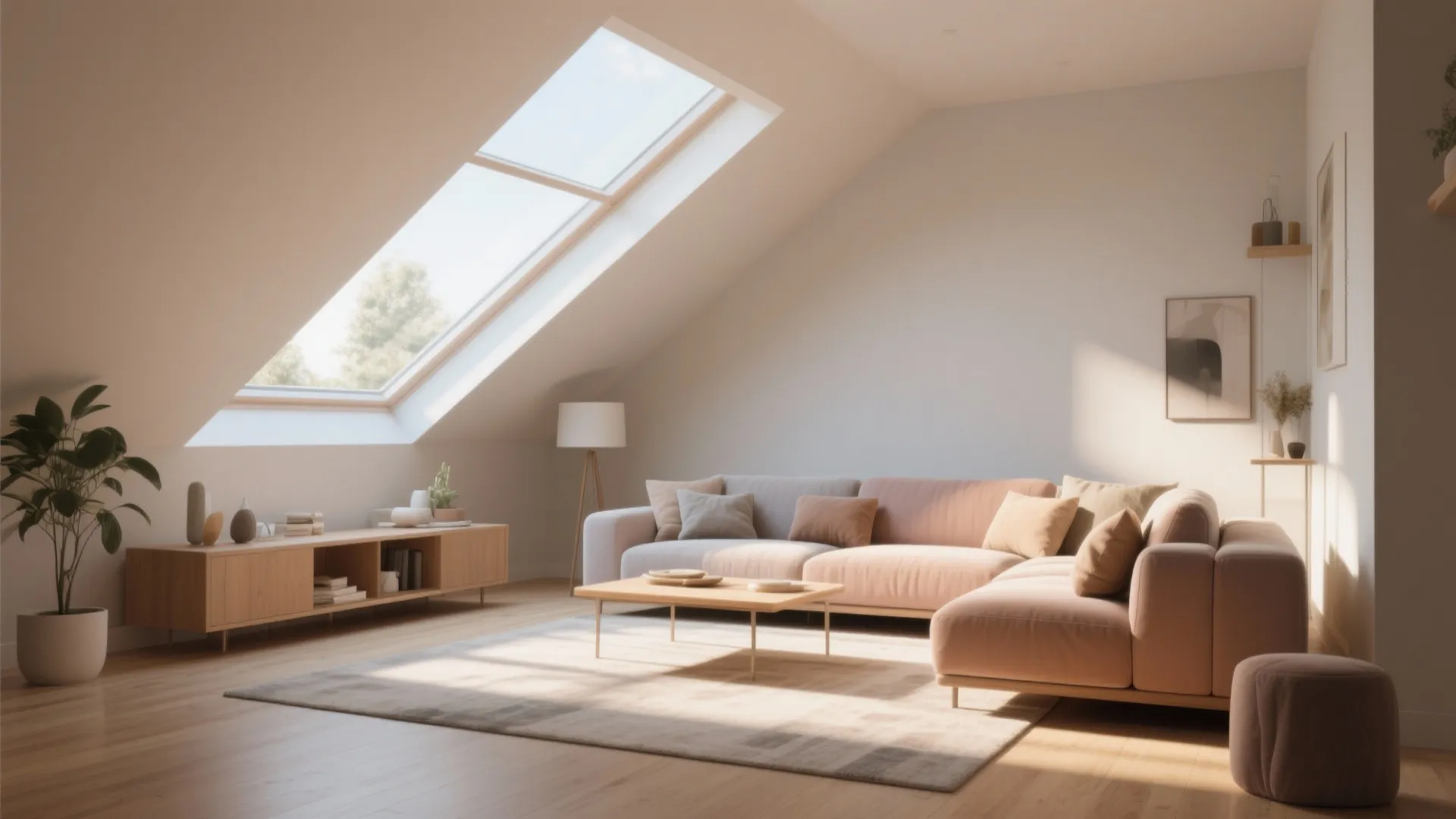 Modern living room with pink sofa wooden coffee table roof window and light wood floor