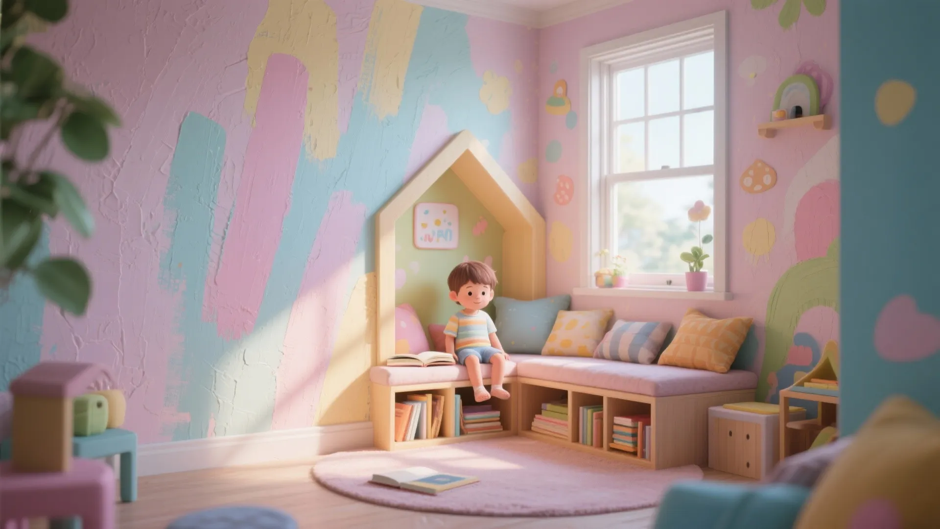Colorful kids reading corner featuring pink painted walls small boy sitting on built-in bench with pillows
