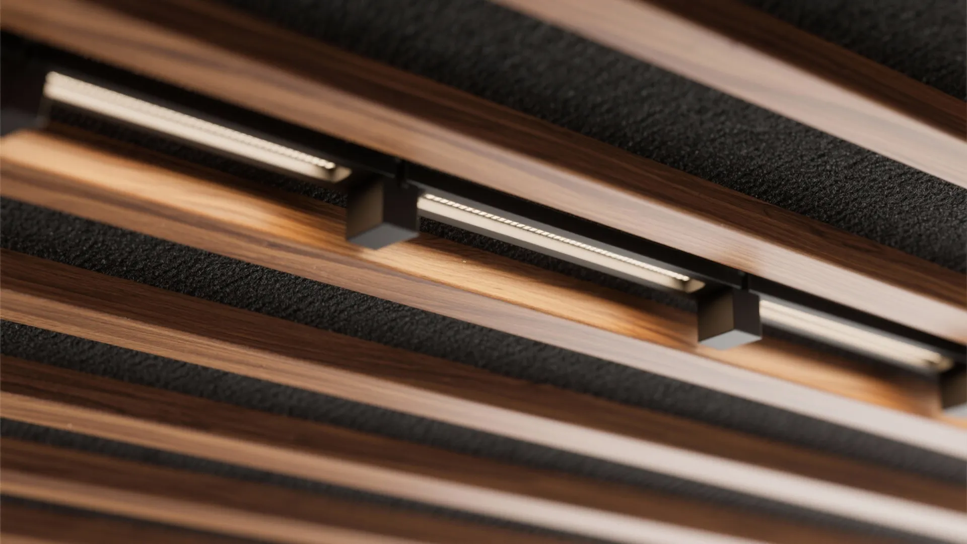 Close up view of wooden ceiling slats with integrated black light fixtures and dark acoustic fabric