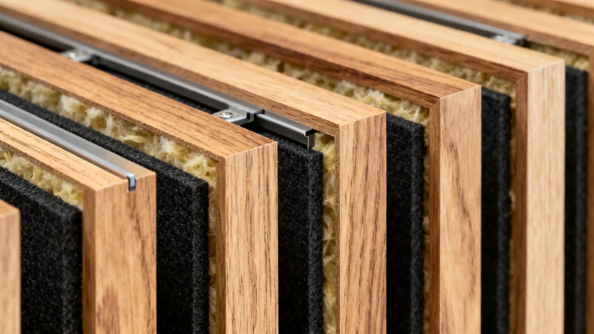 Macro of wood slats with visible acoustic backing and crisp mounting details.