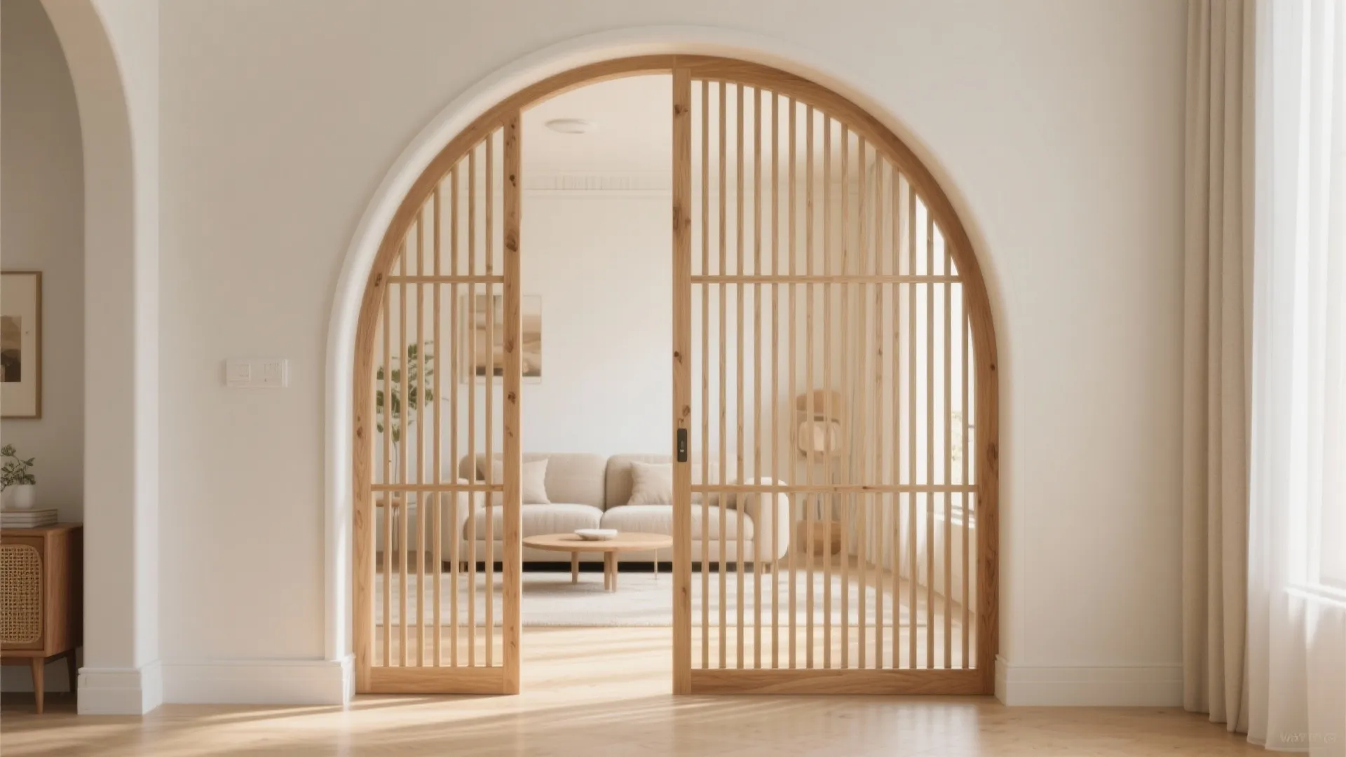 4) Arched Wooden Slat Divider (Light and Airy)