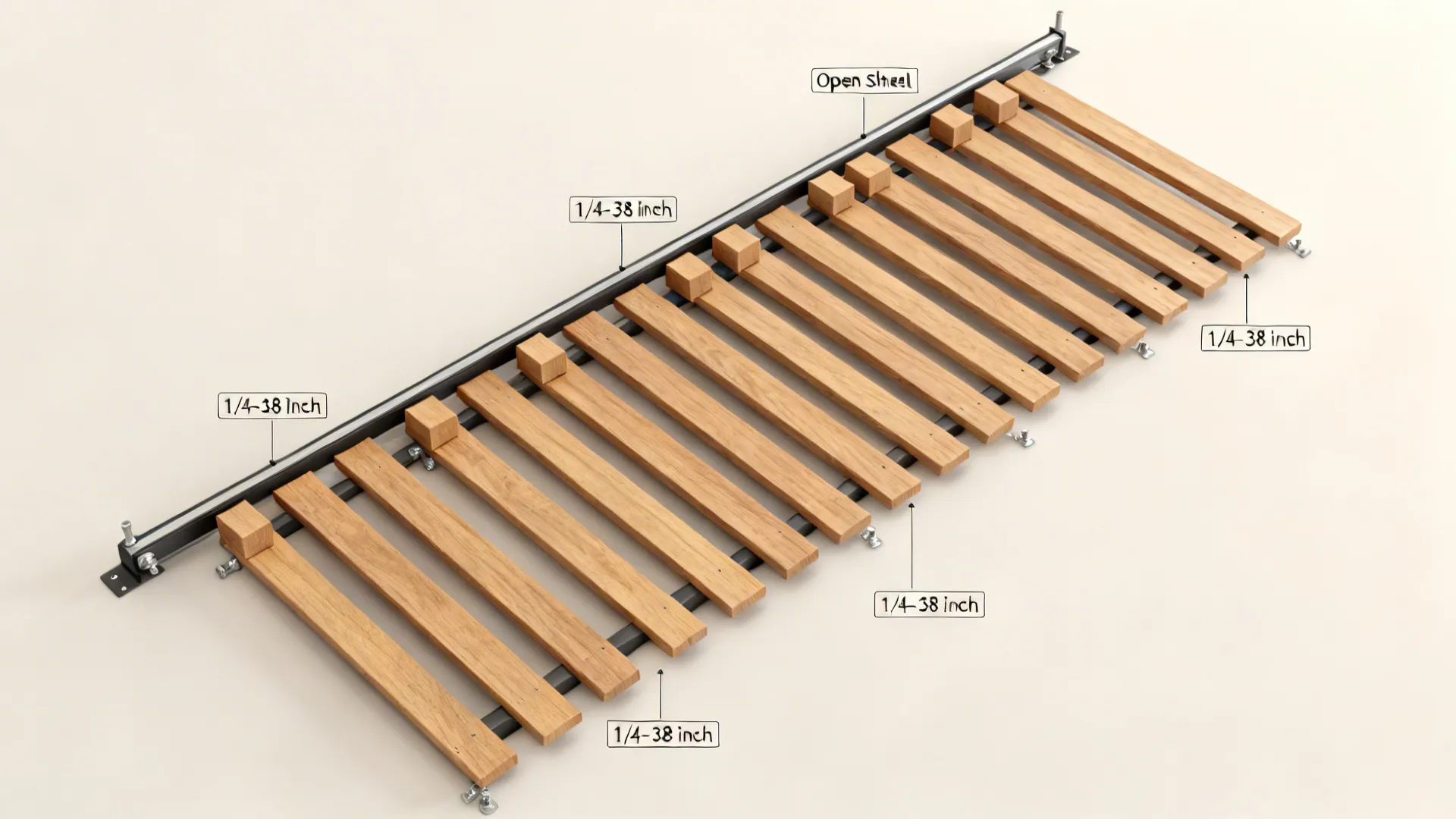 Top-down view of track and evenly spaced oak slats for cabinet covers.