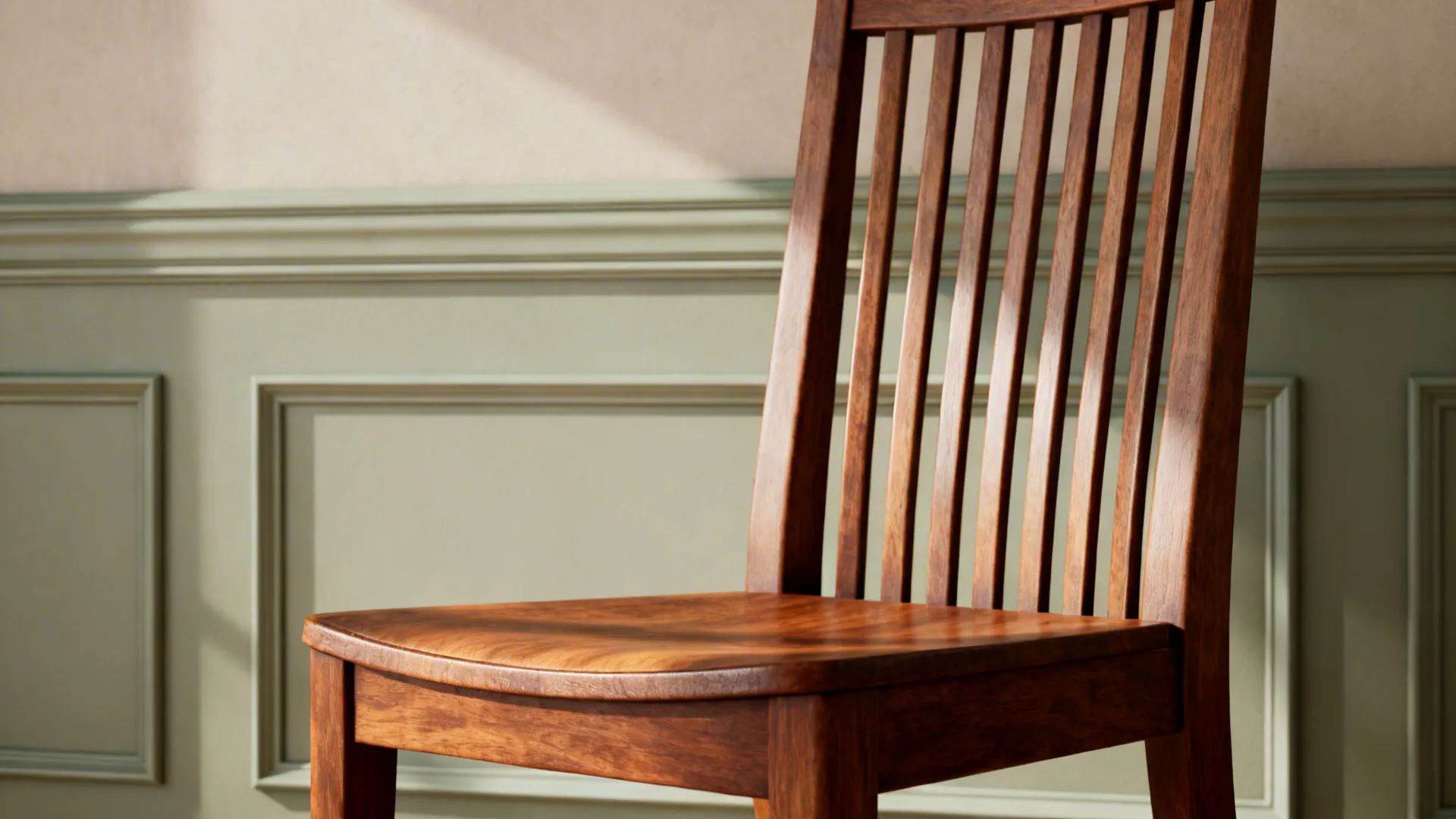 Vintage-inspired slat-back accent chair against a painted accent wall showing vertical lines and wood grain.