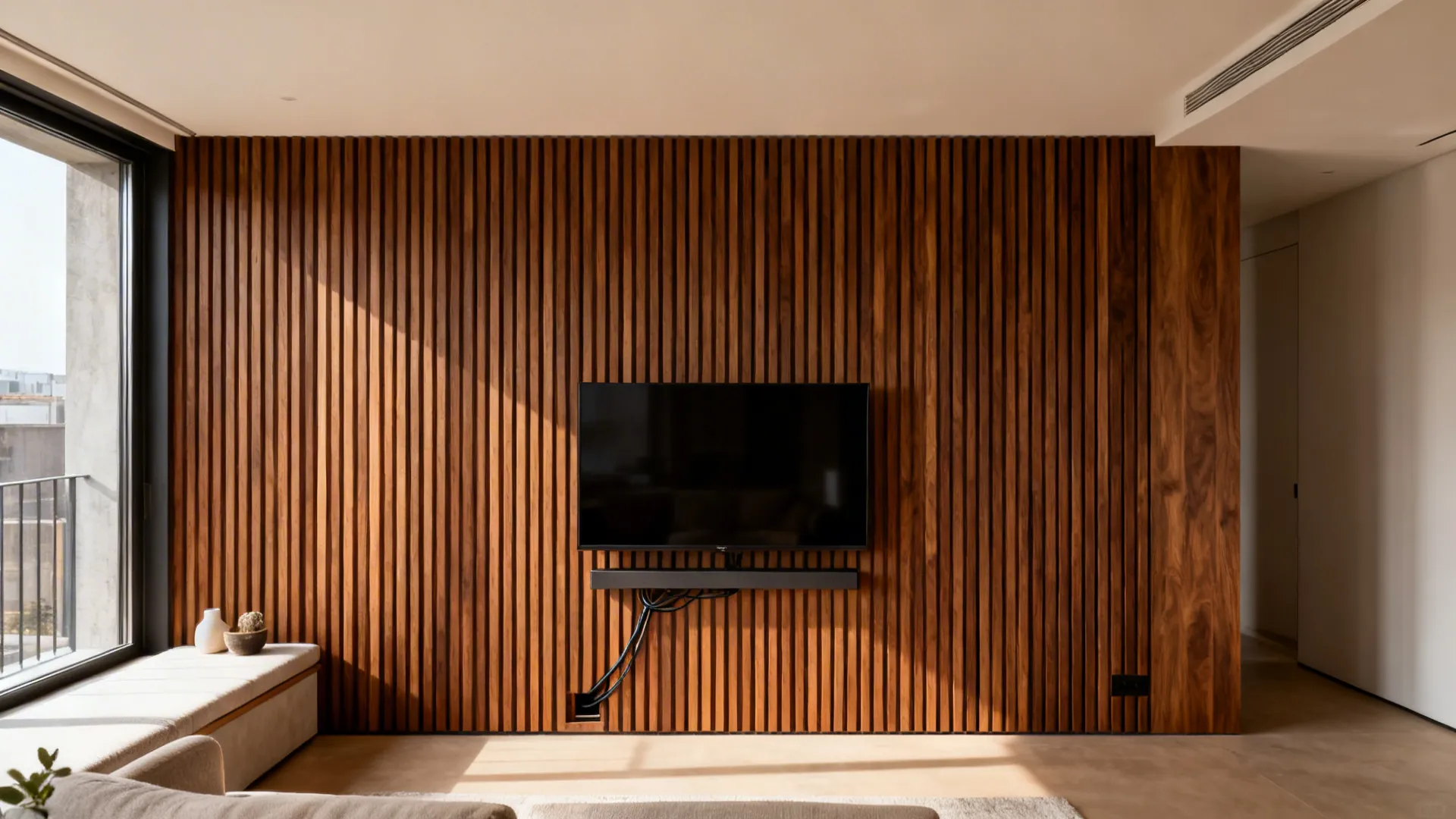 TV centered on a walnut slat feature wall with hidden cable routing in a micro loft.