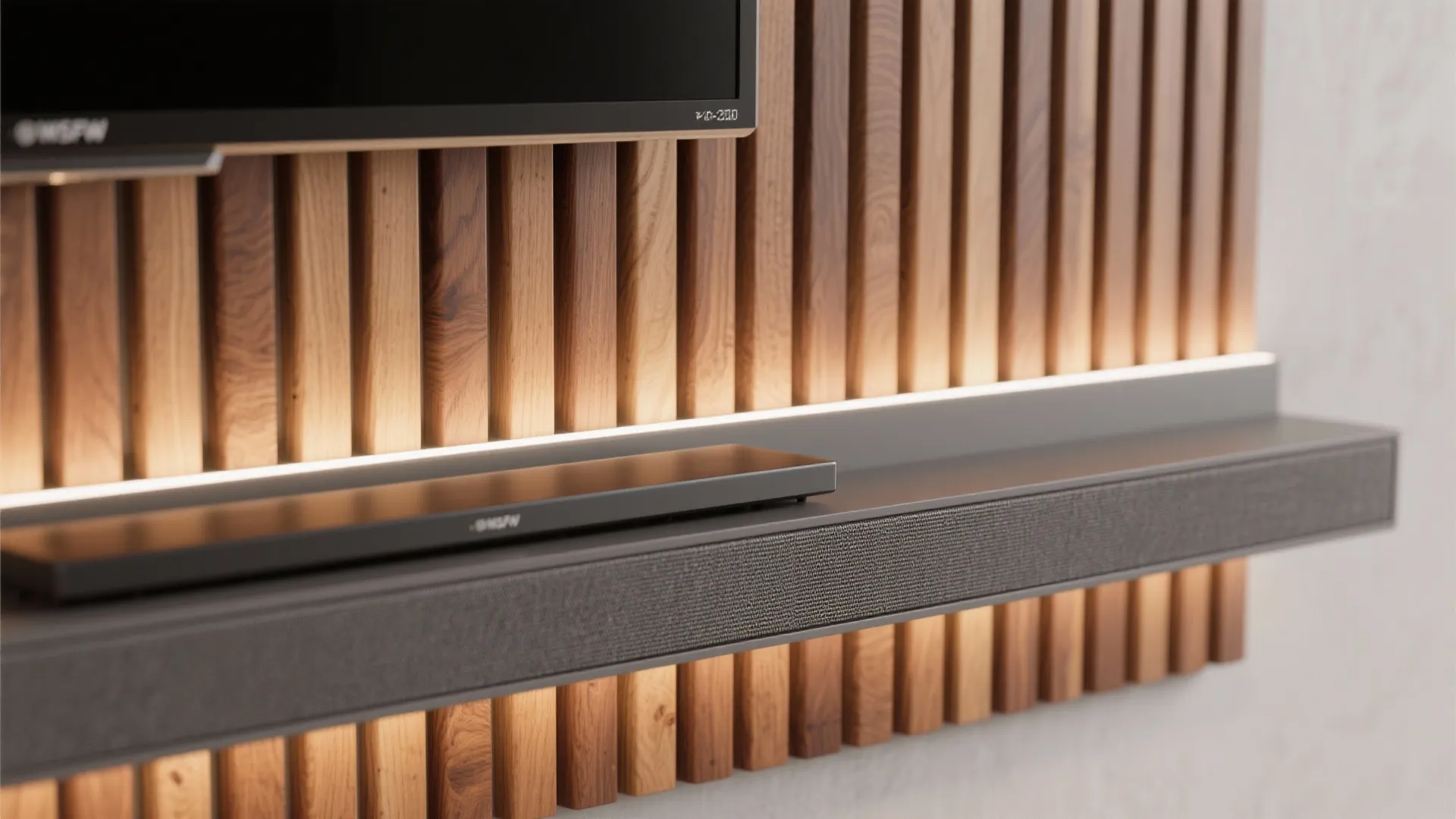 Slatted Wood Panel with Backlit Glow + Soundbar Shelf