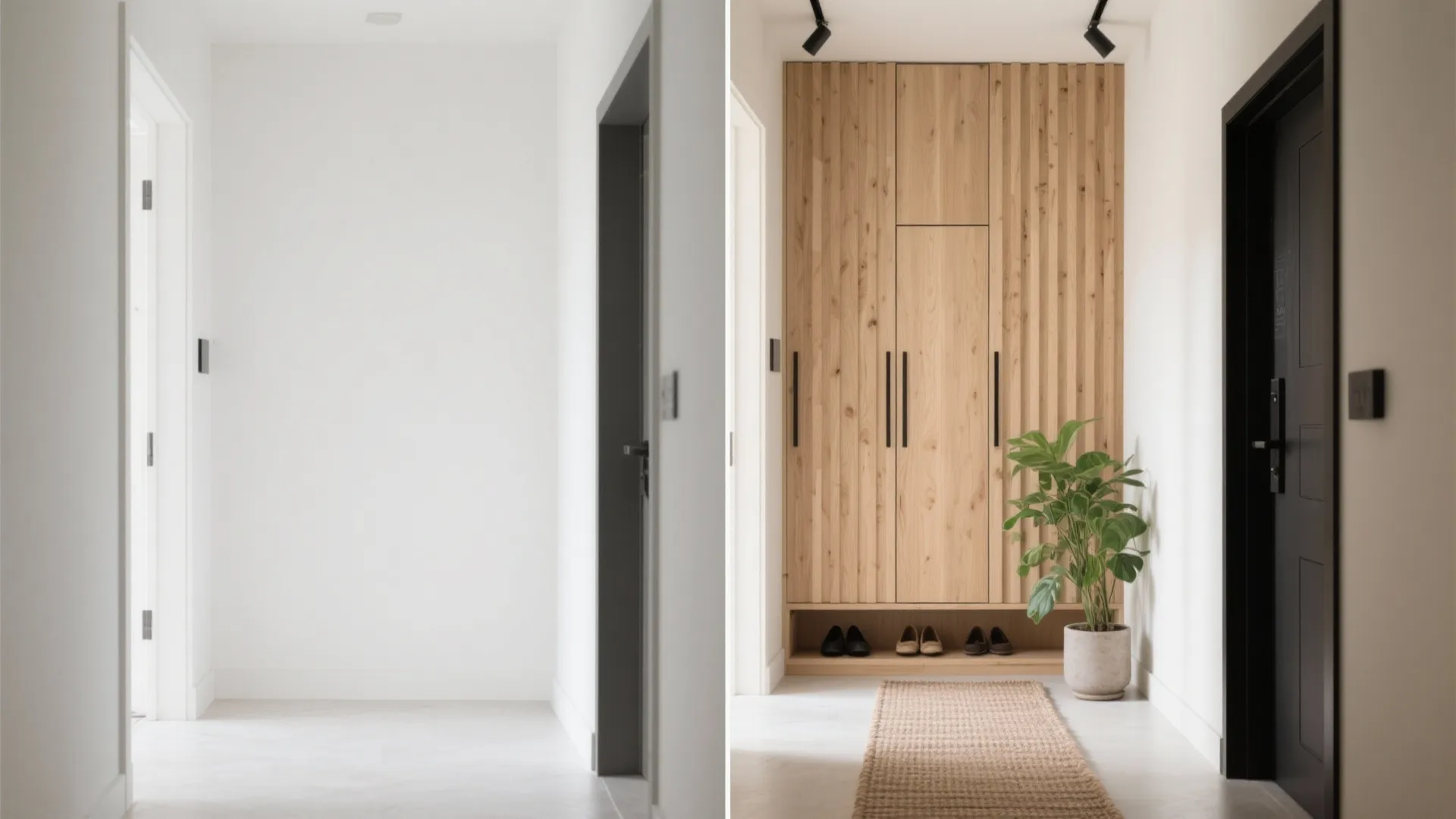 Before and after comparison of an empty white hallway versus a wood storage cabinet entrance