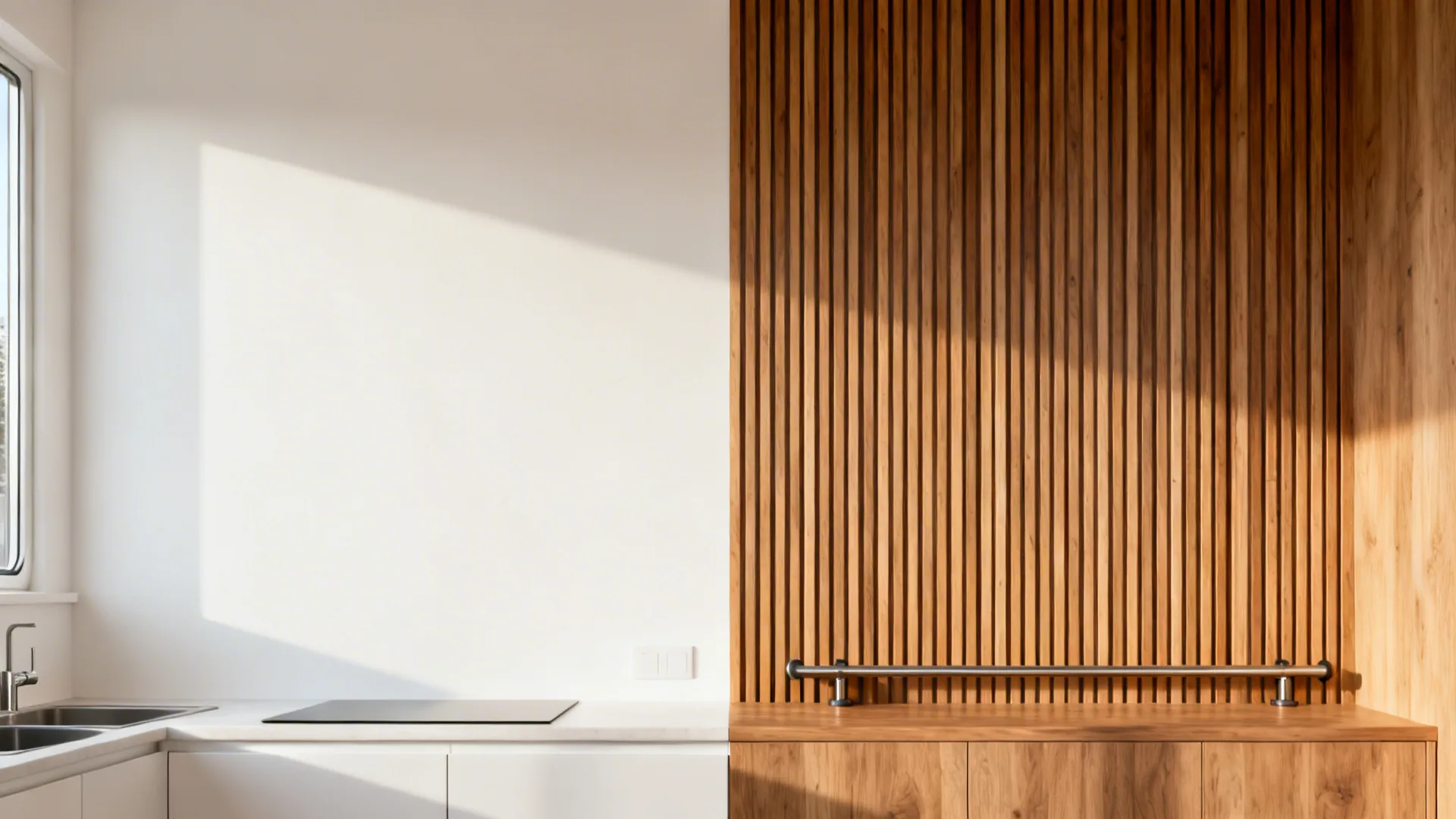 Split view of a kitchen wall before and after adding vertical wood slat 3D wallpaper.